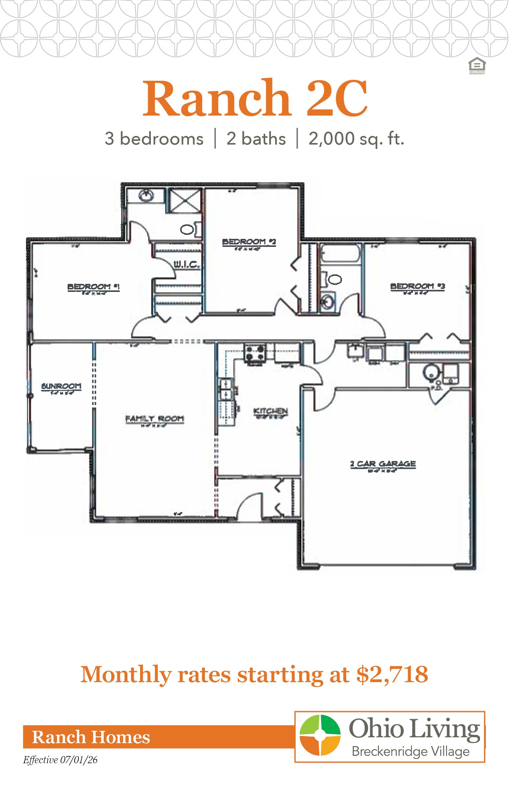 Floor plan of a 2,000 sq ft three‑bedroom, two‑bath ranch with family room, sunroom, kitchen, and two‑car garage. Monthly rates start at $2,718.