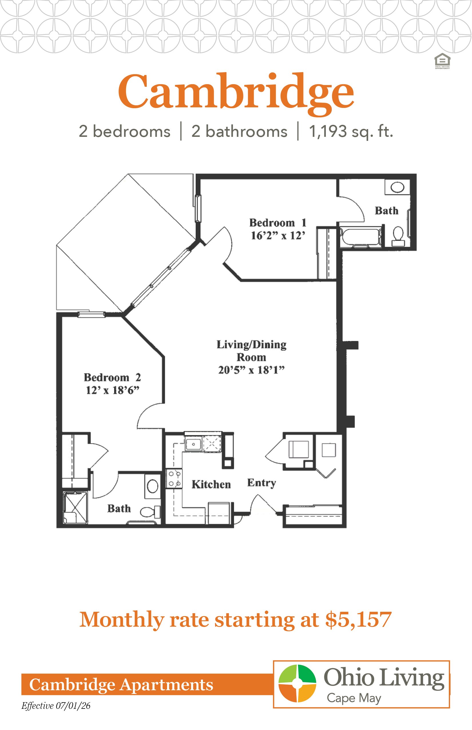 Floor plan of a 1,193 sq ft two‑bedroom, two‑bath apartment with large living/dining room, kitchen, entry, and closets. Monthly rate starts at $5,157.