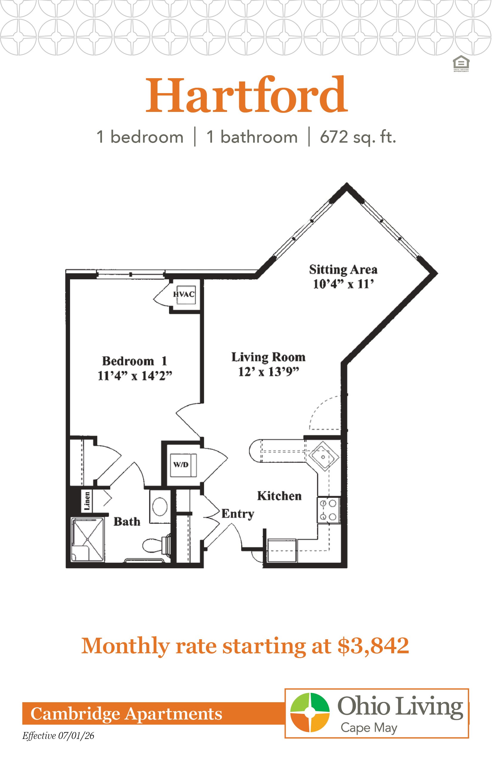 Floor plan of a 672 sq ft one‑bedroom, one‑bath apartment with living room, sitting area, kitchen, entry, linen storage, and laundry. Monthly rate starts at $3,842.