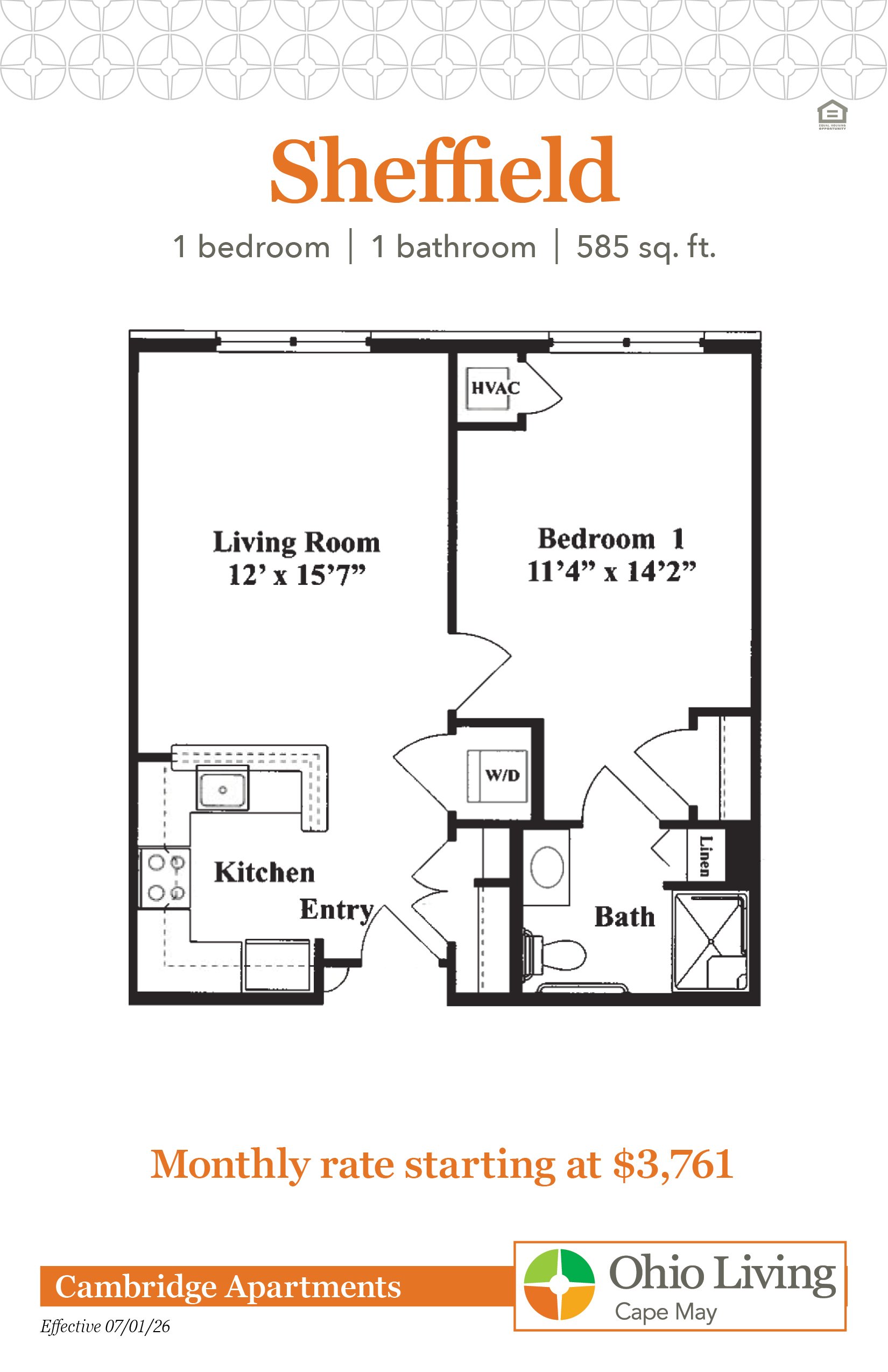 Floor plan of a 585 sq ft one‑bedroom, one‑bath apartment with living room, kitchen, entry, linen storage, and laundry. Monthly rate starts at $3,761.
