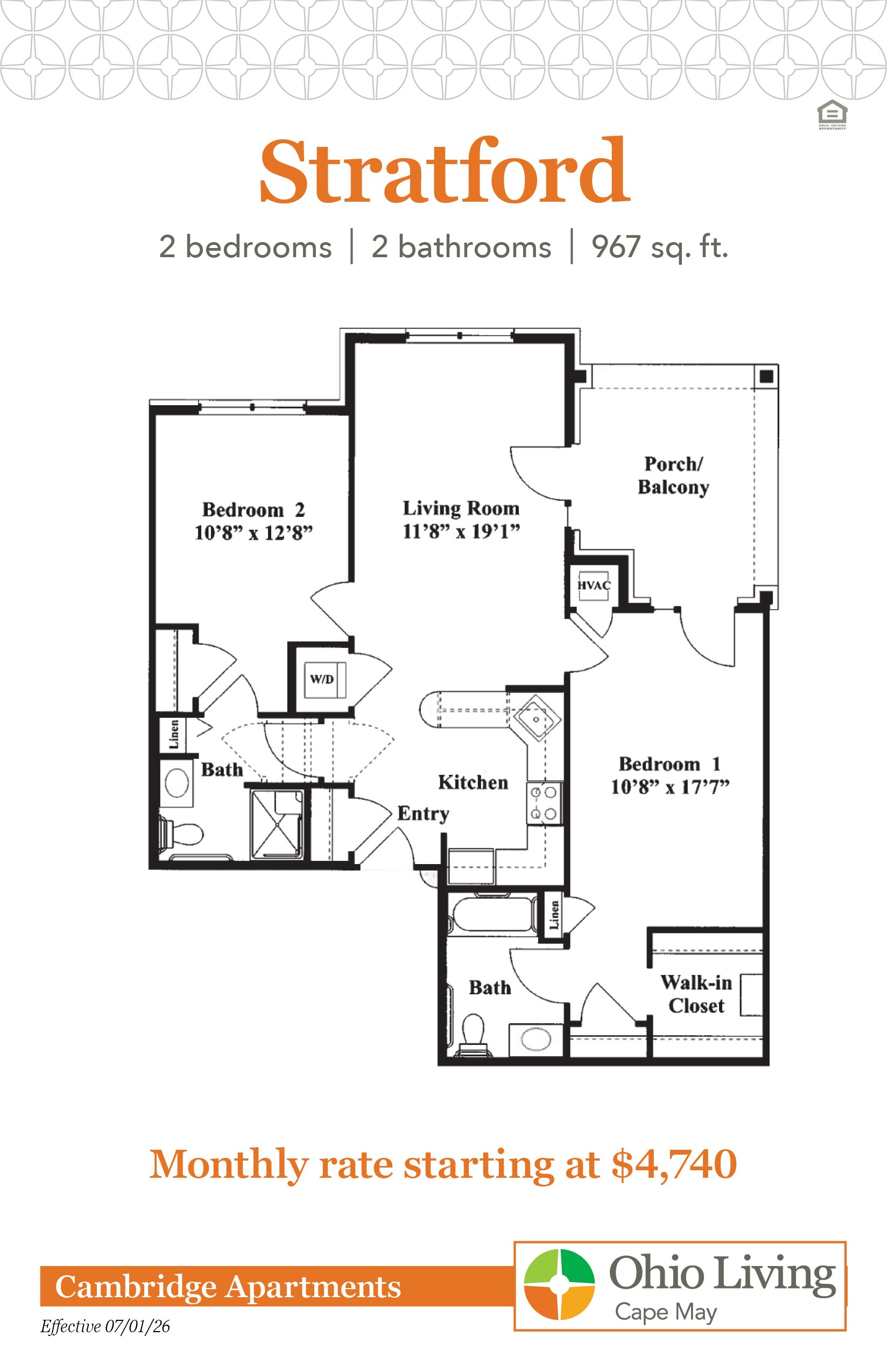Floor plan of a 967 sq ft two‑bedroom, two‑bath apartment with living room, kitchen, porch/balcony, walk‑in closet, and laundry. Monthly rate starts at $4,740.