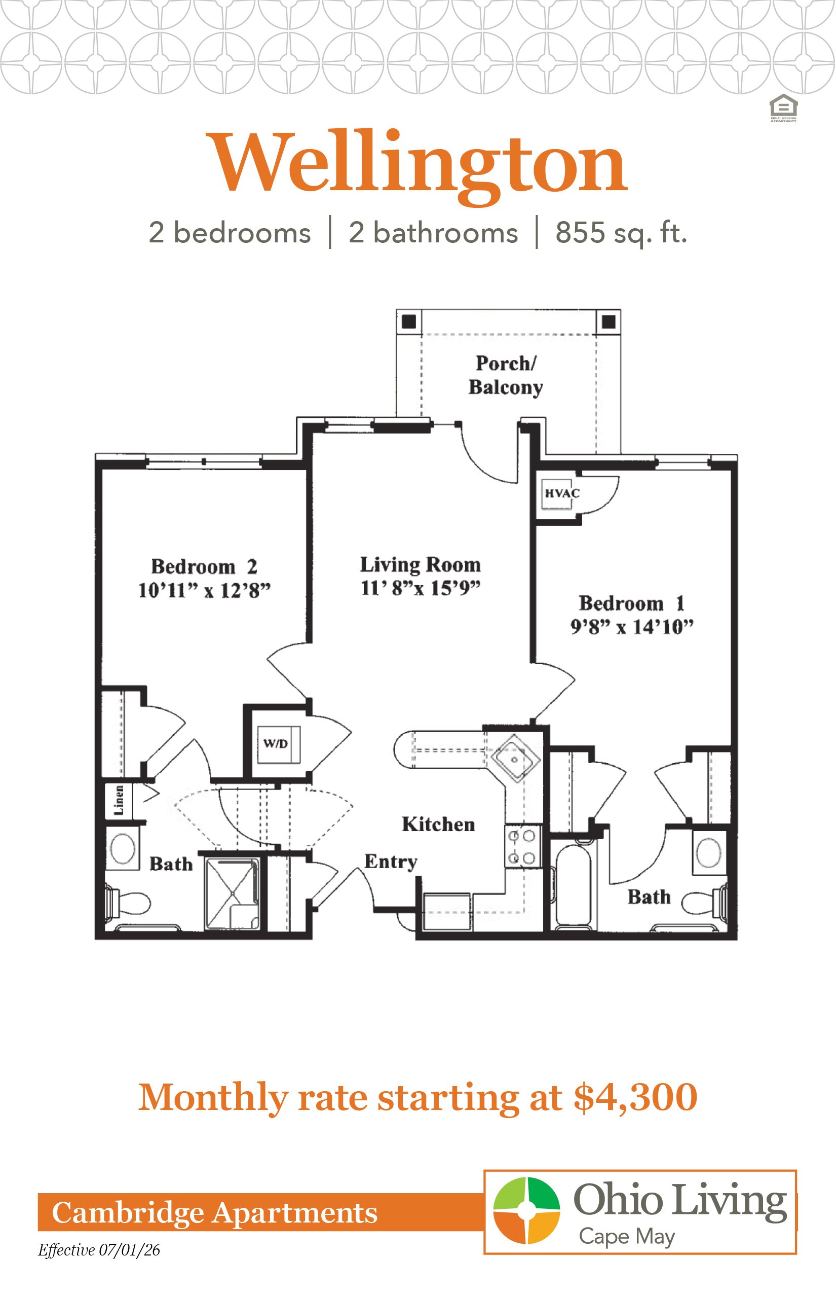 Floor plan of an 855 sq ft two‑bedroom, two‑bath apartment with living room, kitchen, porch/balcony, linen storage, and laundry. Monthly rate starts at $4,300.