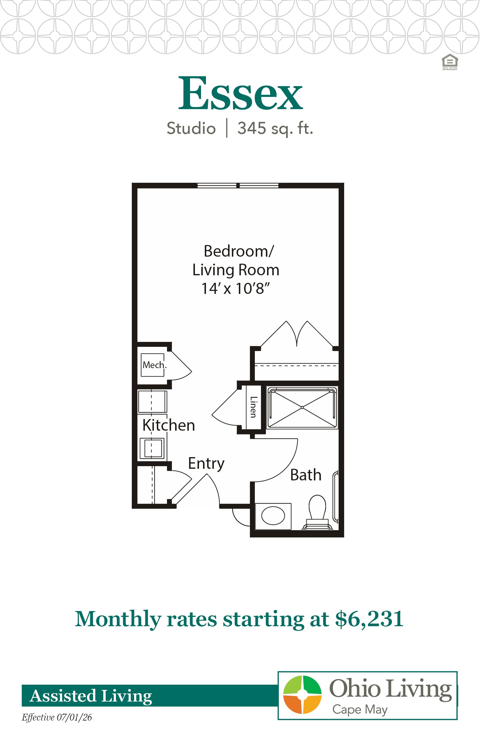 Floor plan of a 345 sq ft studio with combined bedroom/living area, kitchen, bath, linen storage, and entry. Monthly rates start at $6,231.