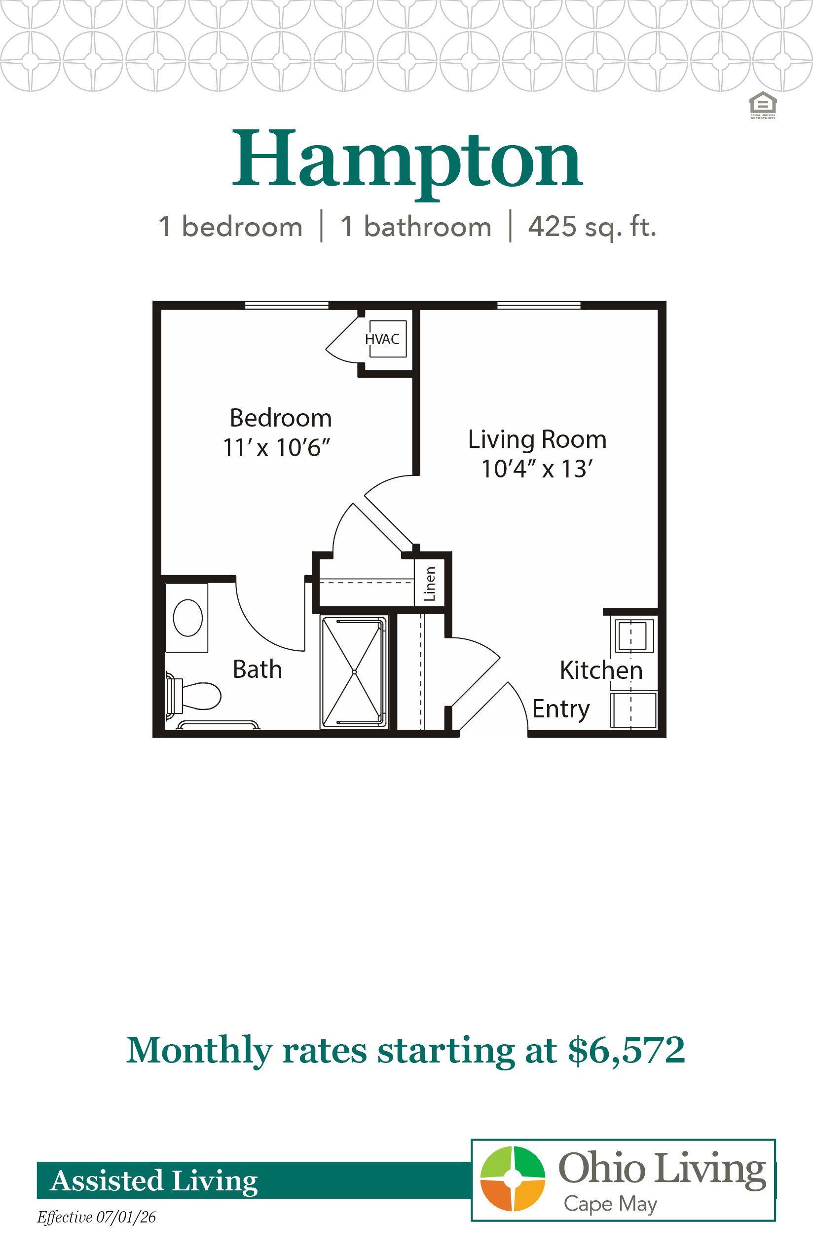Floor plan of a 425 sq ft one‑bedroom assisted living suite with living room, kitchen, bath, linen storage, and entry. Monthly rates start at $6,572.