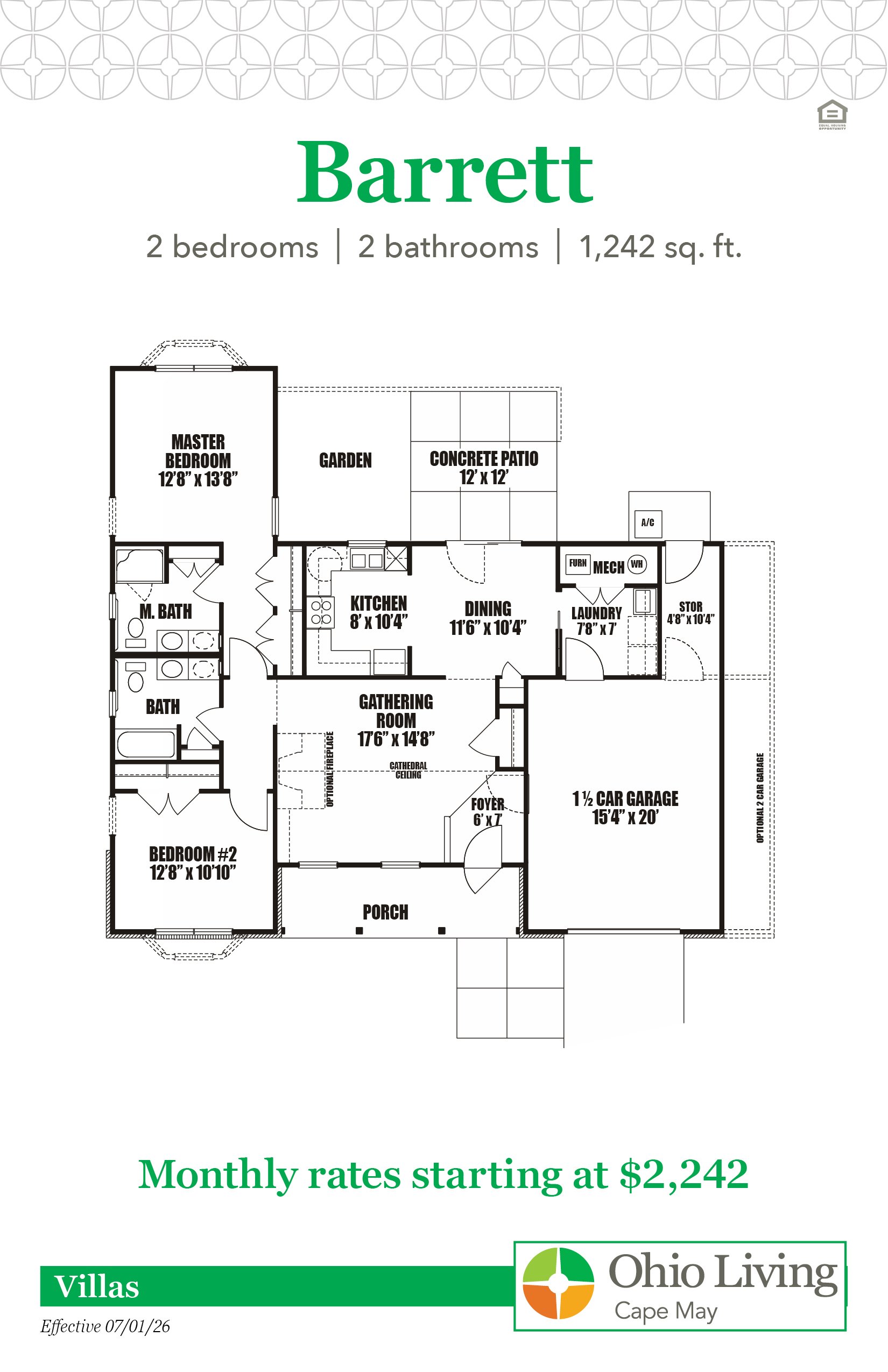 Floor plan of a 1,242 sq ft two‑bedroom, two‑bath villa with gathering room, kitchen, dining, laundry, storage, patio, porch, and 1.5‑car garage. Monthly rates start at $2,242.
