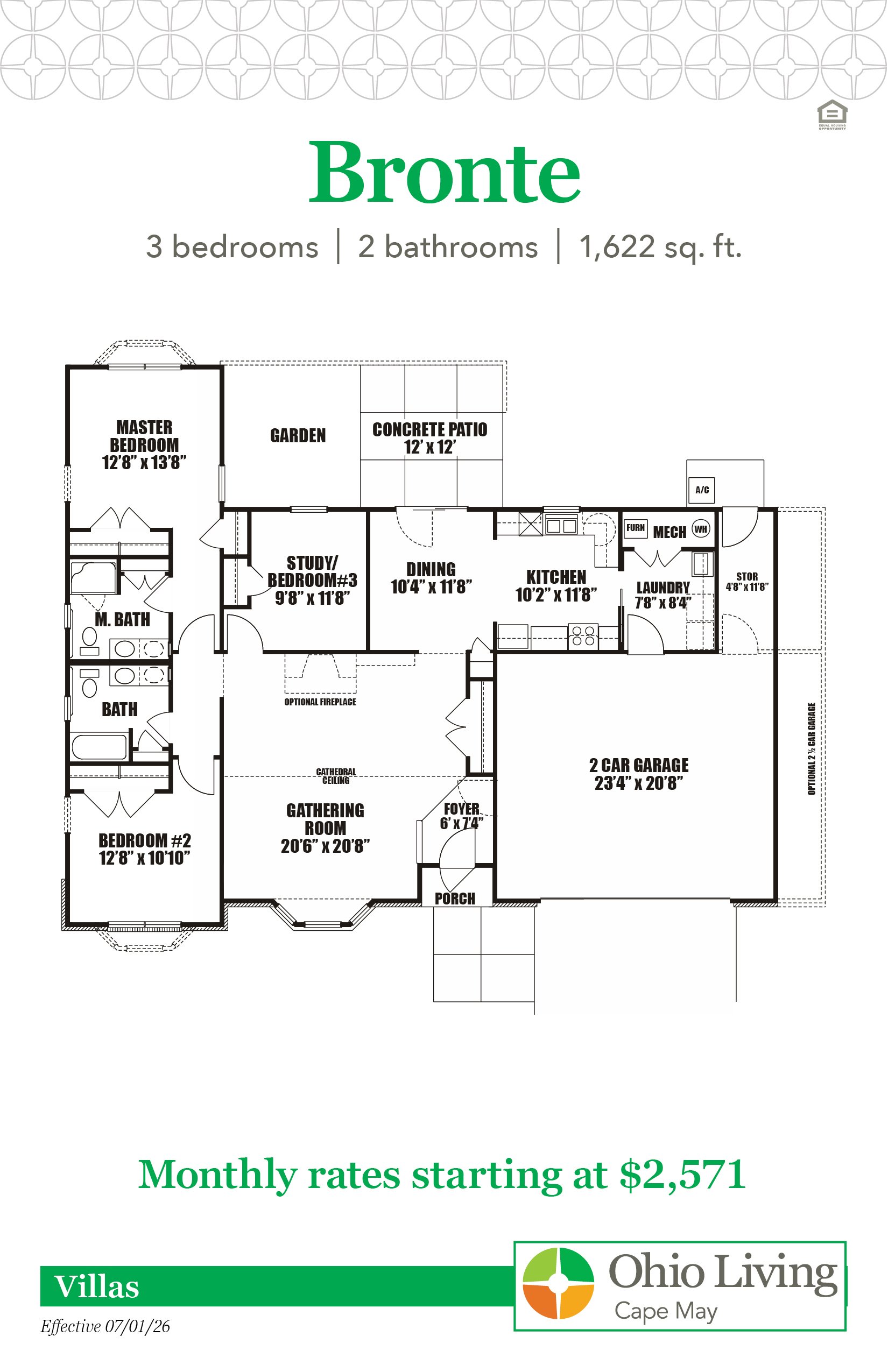 Floor plan of a 1,622 sq ft three‑bedroom, two‑bath villa with gathering room, dining, kitchen, study/third bedroom, laundry, storage, patio, porch, and two‑car garage. Monthly rates start at $2,571.