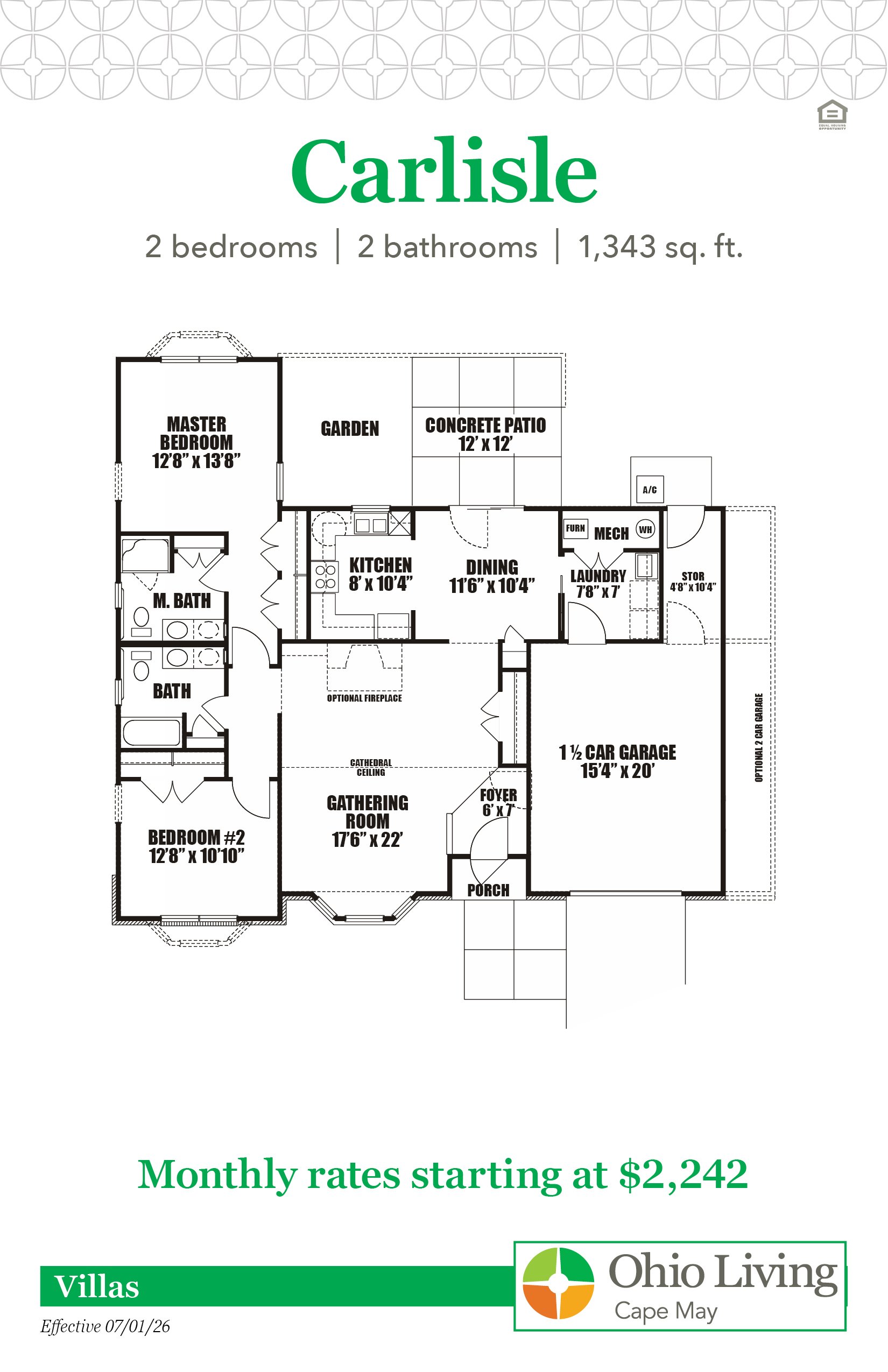 Floor plan of a 1,343 sq ft two‑bedroom, two‑bath villa with large gathering room, kitchen, dining, laundry, storage, patio, porch, and 1.5‑car garage. Monthly rates start at $2,242.