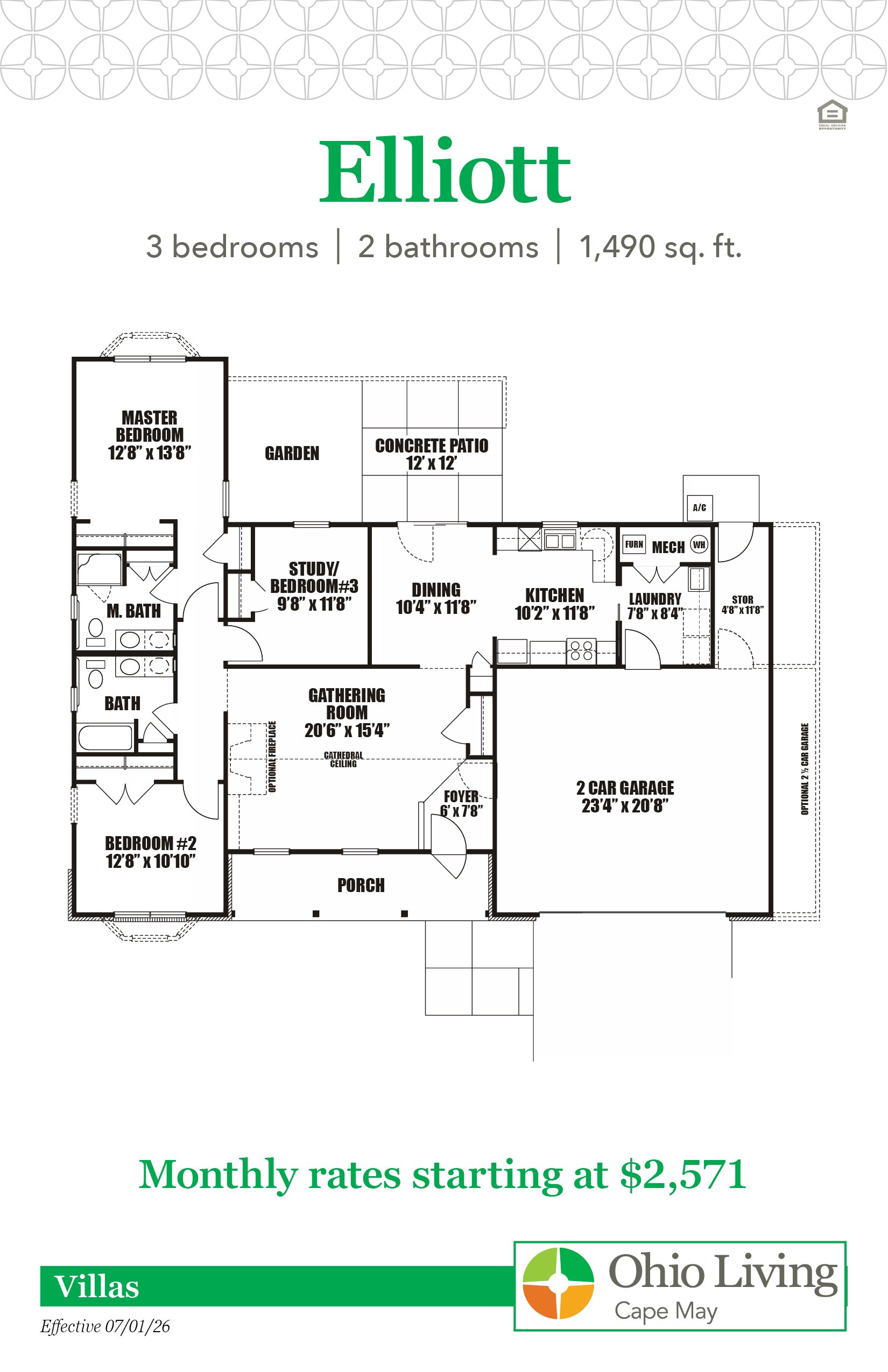 Floor plan of a 1,490 sq ft three‑bedroom, two‑bath villa with gathering room, dining, kitchen, study/third bedroom, laundry, storage, patio, porch, and two‑car garage. Monthly rates start at $2,571.