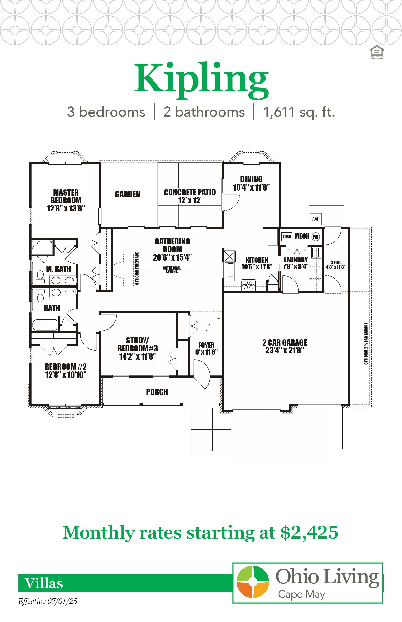 Floor plan of a 1,611 sq ft three‑bedroom, two‑bath villa with gathering room, dining, kitchen, study/third bedroom, laundry, storage, patio, porch, and two‑car garage. Monthly rates start at $2,571.