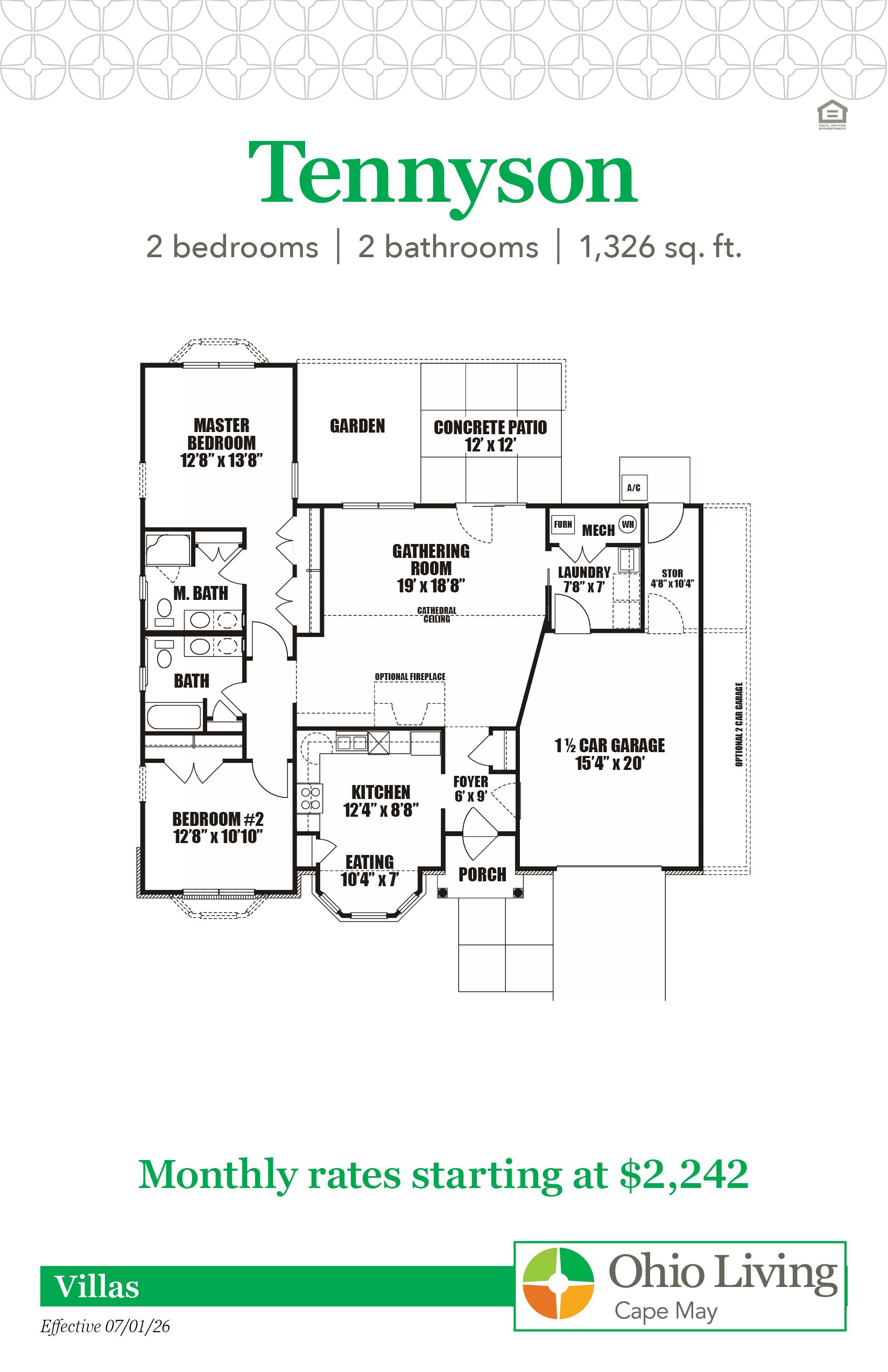 Floor plan of a 1,326 sq ft two‑bedroom, two‑bath villa with gathering room, kitchen, eating area, laundry, storage, patio, porch, and 1.5‑car garage. Monthly rates start at $2,242.
