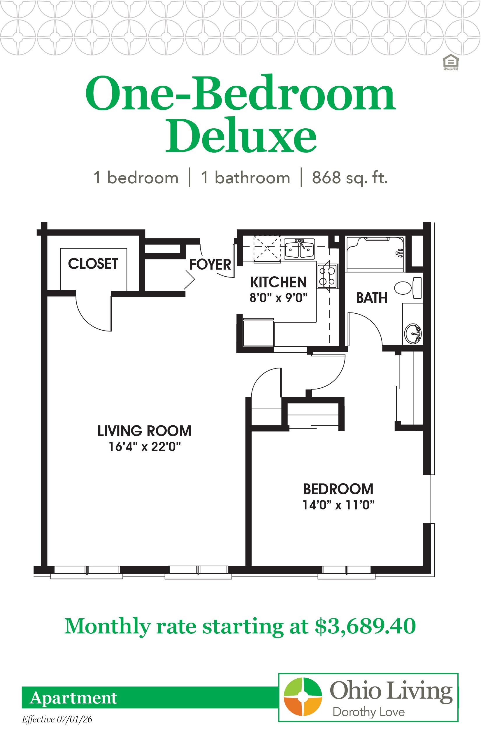 Floor plan of an 868 sq ft one‑bedroom, one‑bath apartment with large living room, kitchen, foyer, closet, and bedroom. Monthly rate starts at $3,689.40.