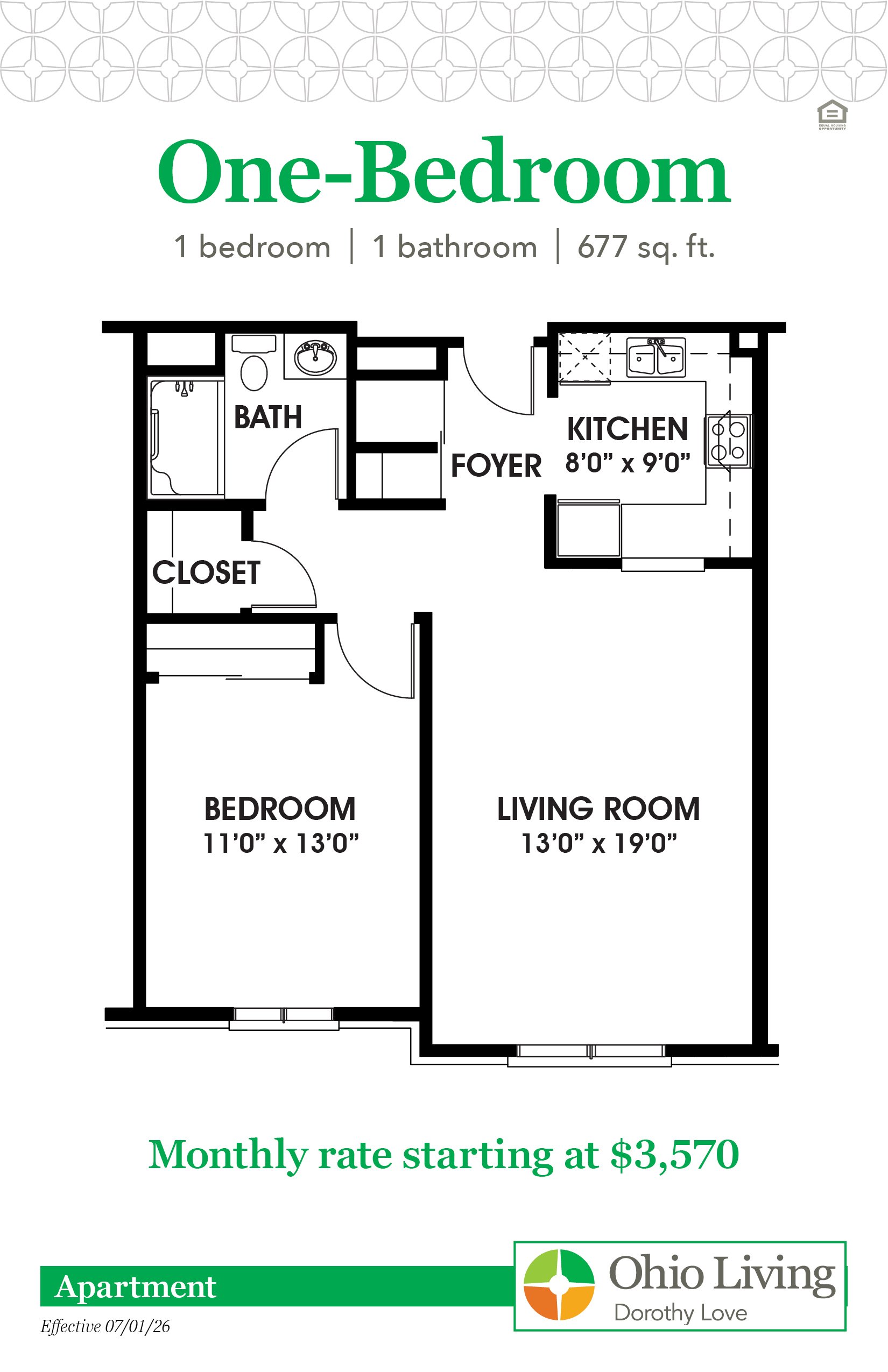Floor plan of a 677 sq ft one‑bedroom, one‑bath apartment with living room, kitchen, foyer, closet, and bedroom. Monthly rate starts at $3,570.