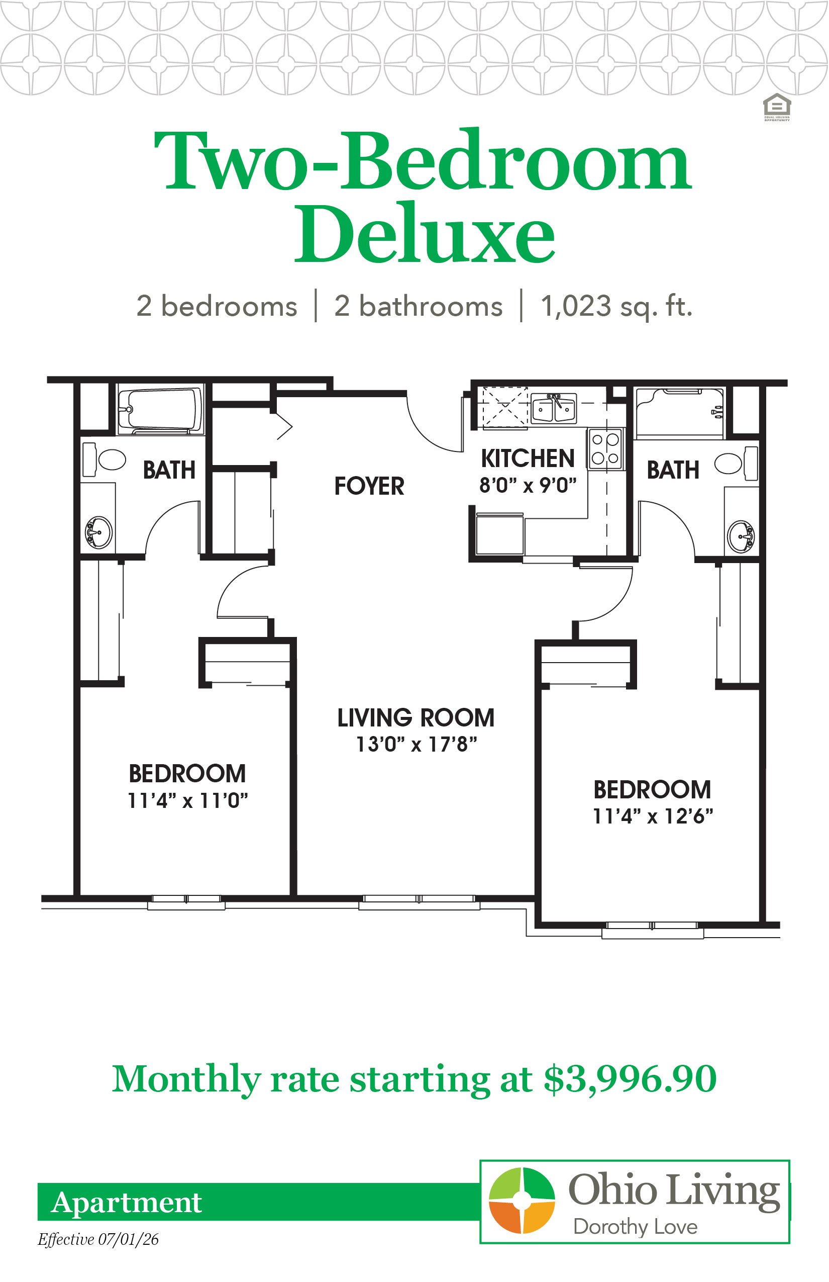 Floor plan of a 1,023 sq ft two‑bedroom, two‑bath apartment with living room, kitchen, foyer, closets, and two bedrooms. Monthly rate starts at $3,996.90.