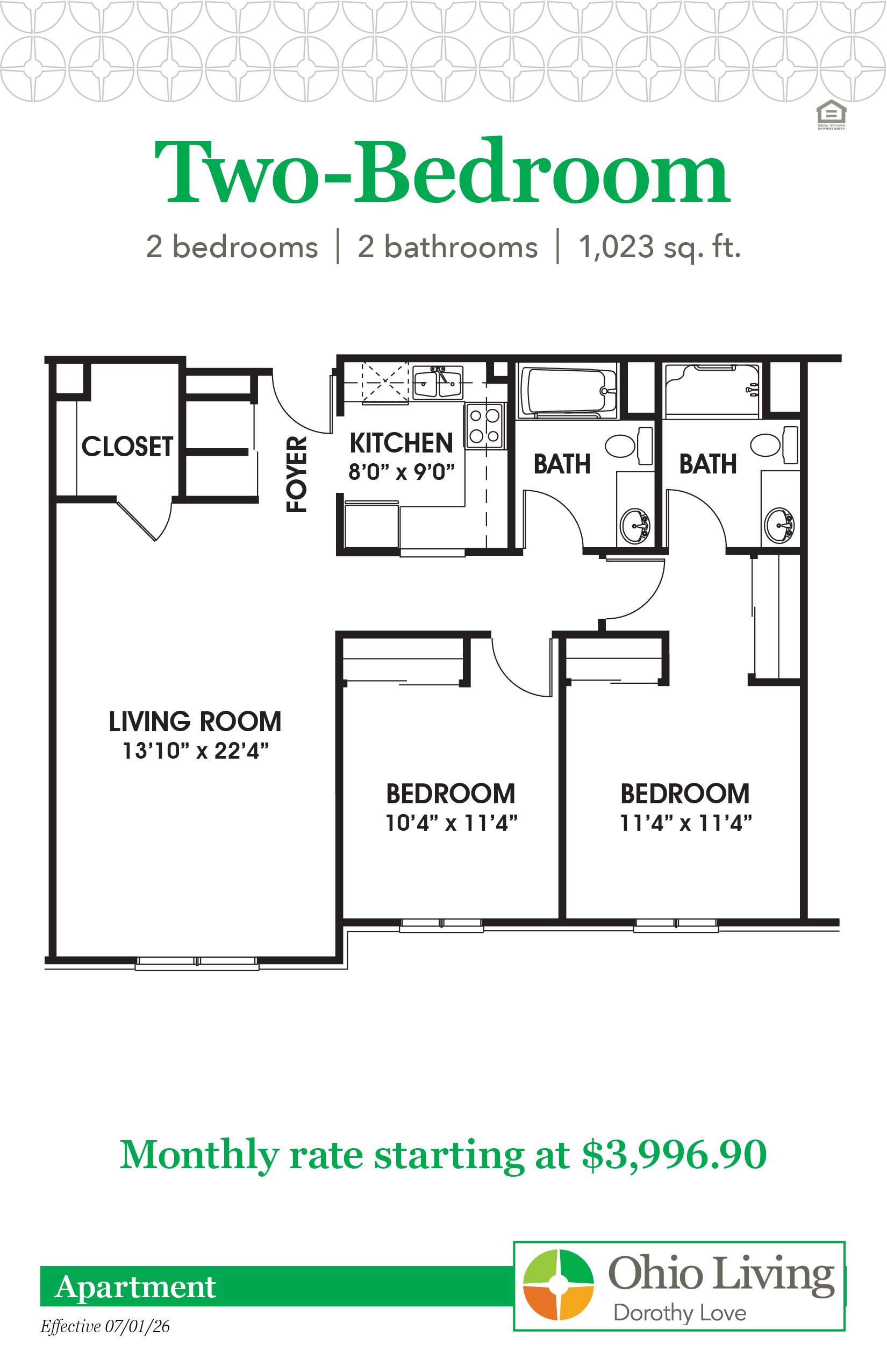 Floor plan of a 1,023 sq ft two‑bedroom, two‑bath apartment with living room, kitchen, foyer, closets, and two bedrooms. Monthly rate starts at $3,996.90.