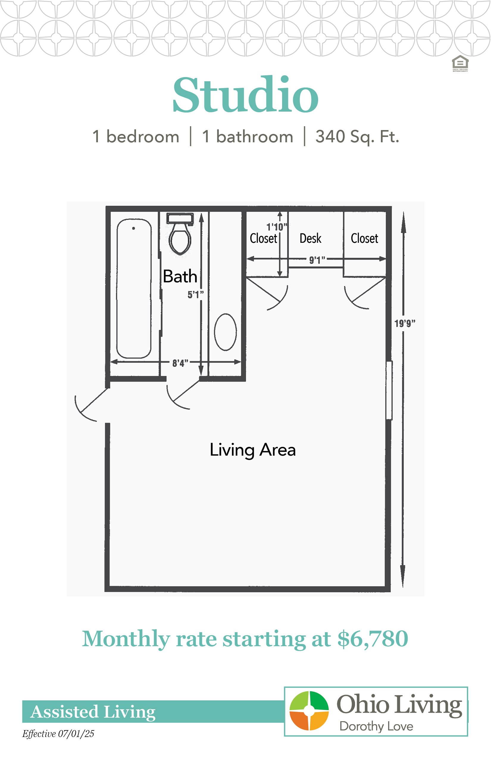 Floor plan of a 340 sq ft assisted living studio with living area, bath, closets, and desk space. Monthly rate starts at $6,780.