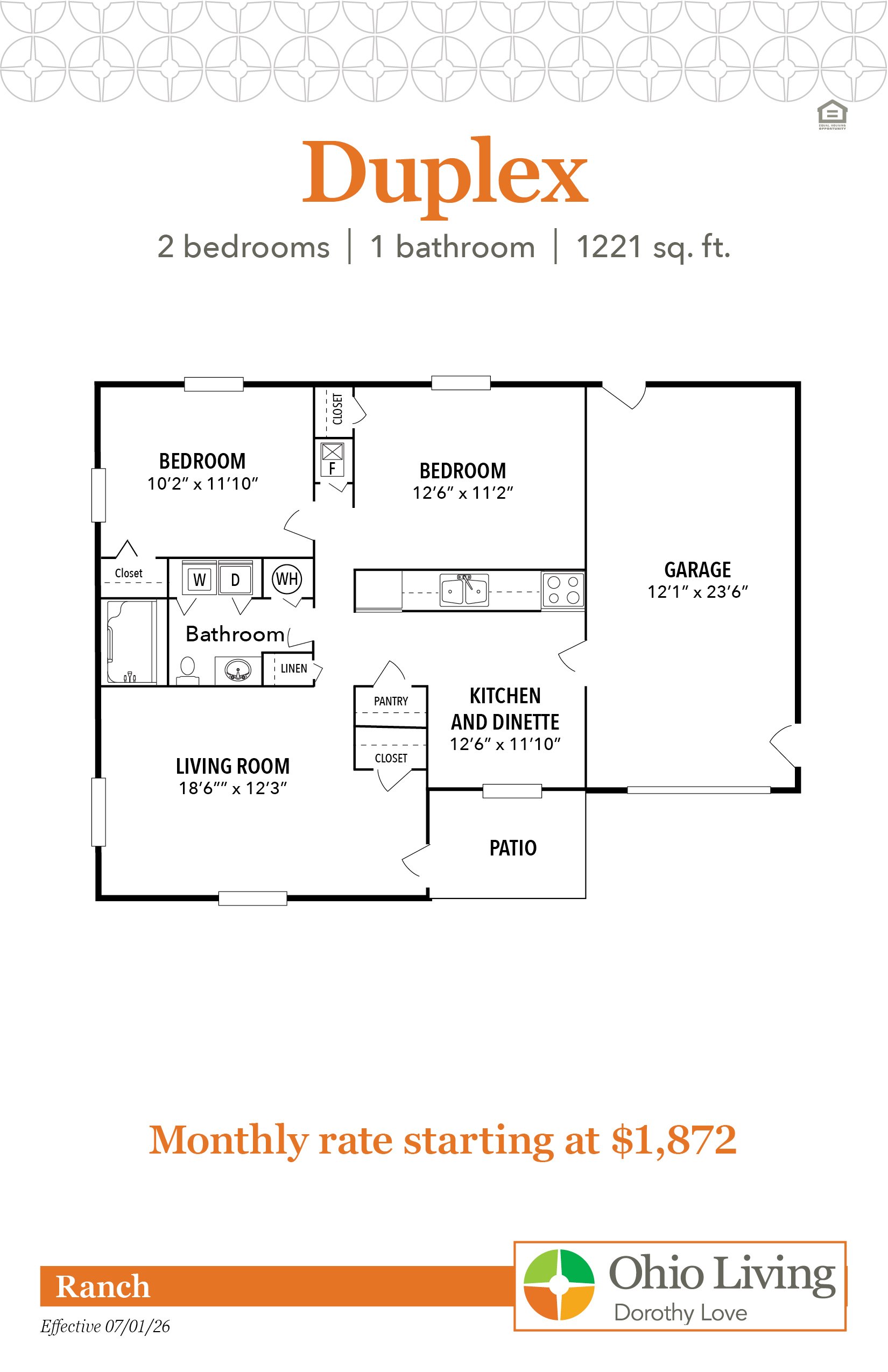 Floor plan of a 1,221 sq ft two‑bedroom, one‑bath duplex with living room, kitchen/dinette, closets, patio, laundry area, and garage. Monthly rate starts at $1,872.