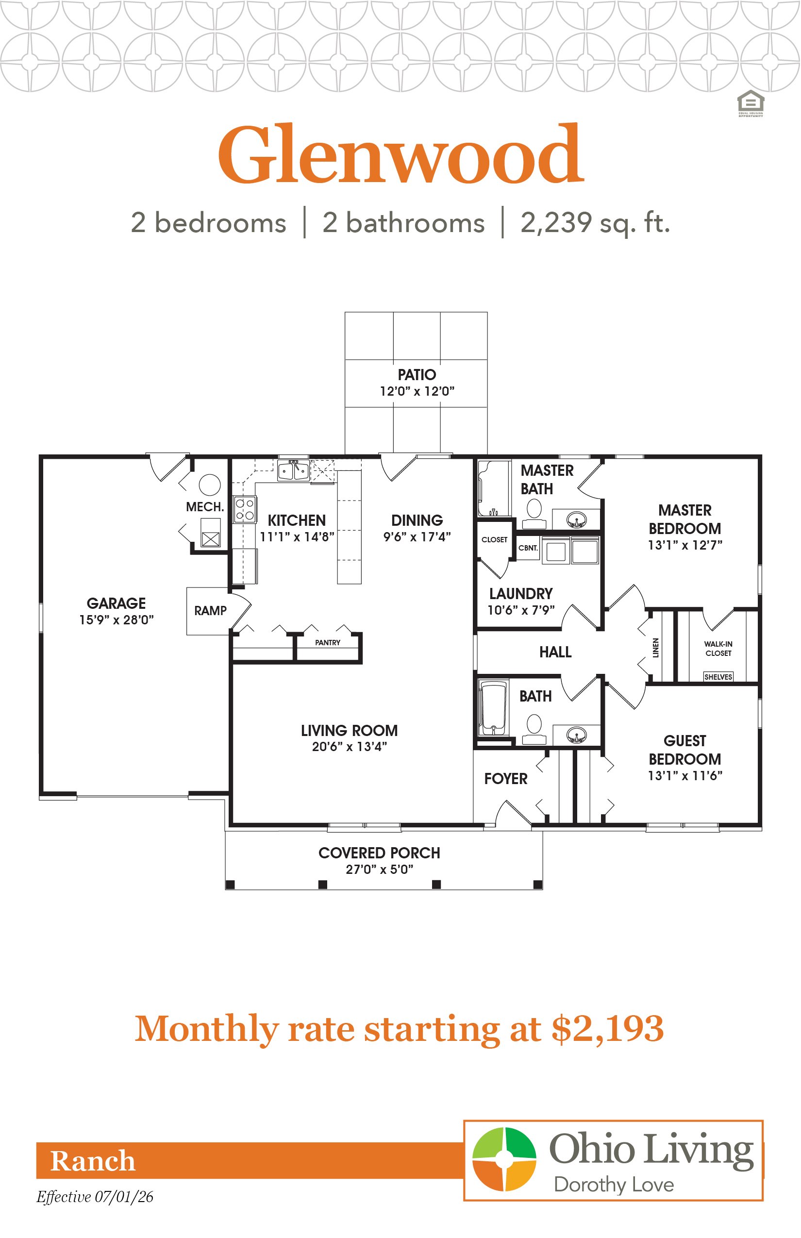 Floor plan of a 1,727 sq ft two‑bedroom, two‑bath ranch with living room, dining, kitchen, master suite, second bedroom, laundry, pantry, porch, patio, and garage. Monthly rate starts at $2,193.