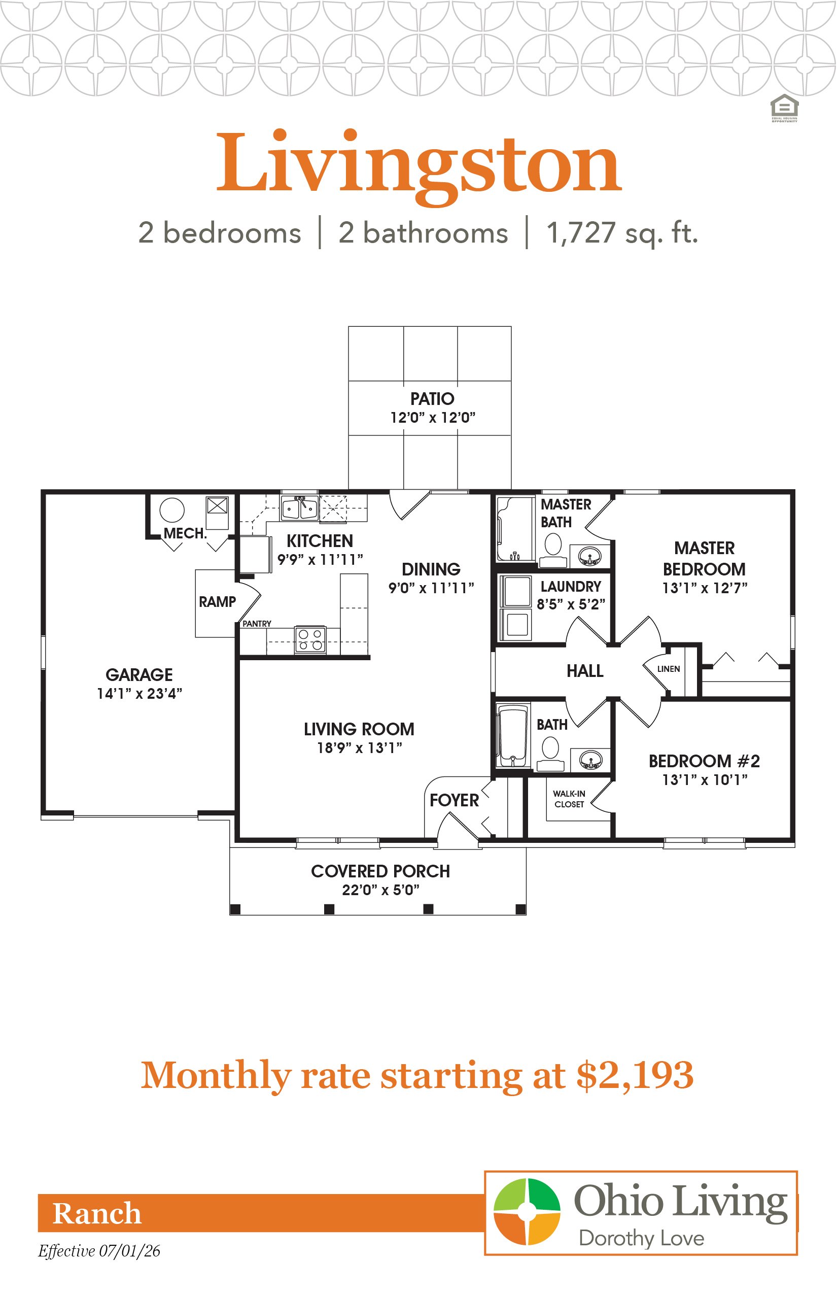 Floor plan of a 1,727 sq ft two‑bedroom, two‑bath ranch with living room, dining, kitchen, master suite, second bedroom, laundry, pantry, porch, patio, and garage. Monthly rate starts at $2,193.