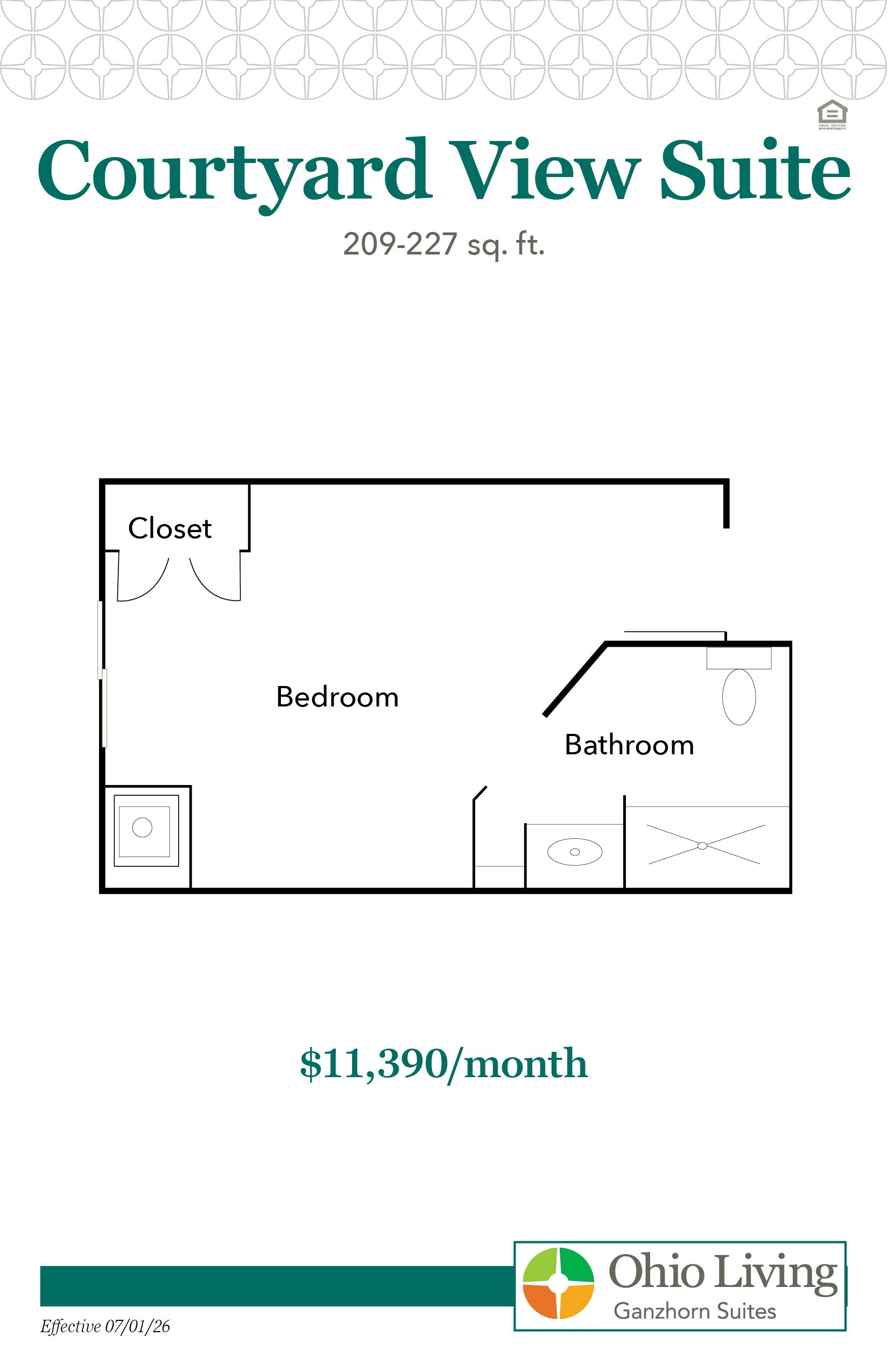 Floor plan of the Courtyard View Suite showing a compact bedroom with adjacent closet and a full bathroom with sink, toilet, and shower. Suite measures 209–227 sq ft. Monthly rate is $11,390.