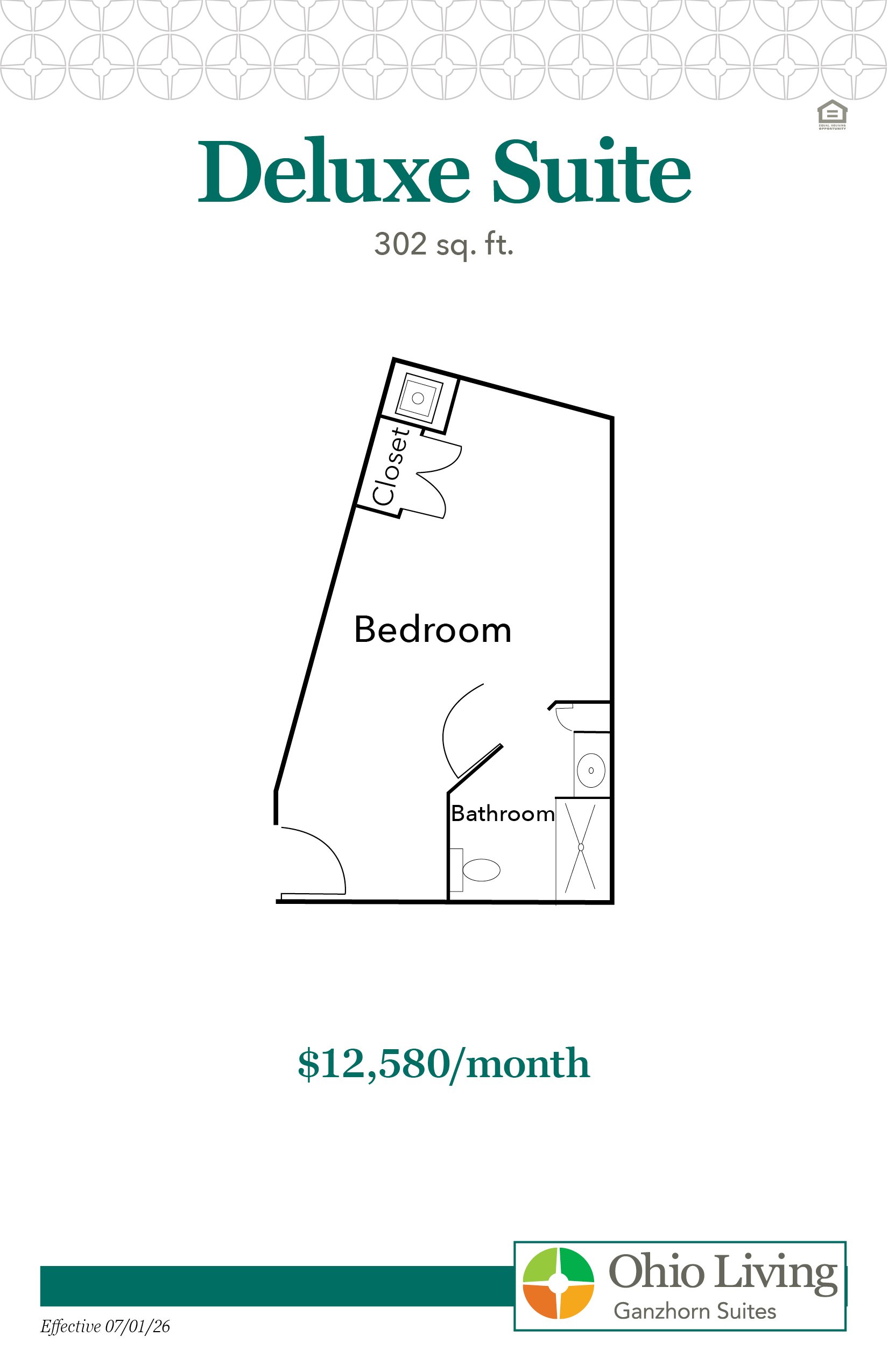 Floor plan of the Deluxe Suite featuring a larger bedroom, entry closet, and full bathroom with sink, toilet, and shower. Suite totals 302 sq ft. Monthly rate is $12,580.