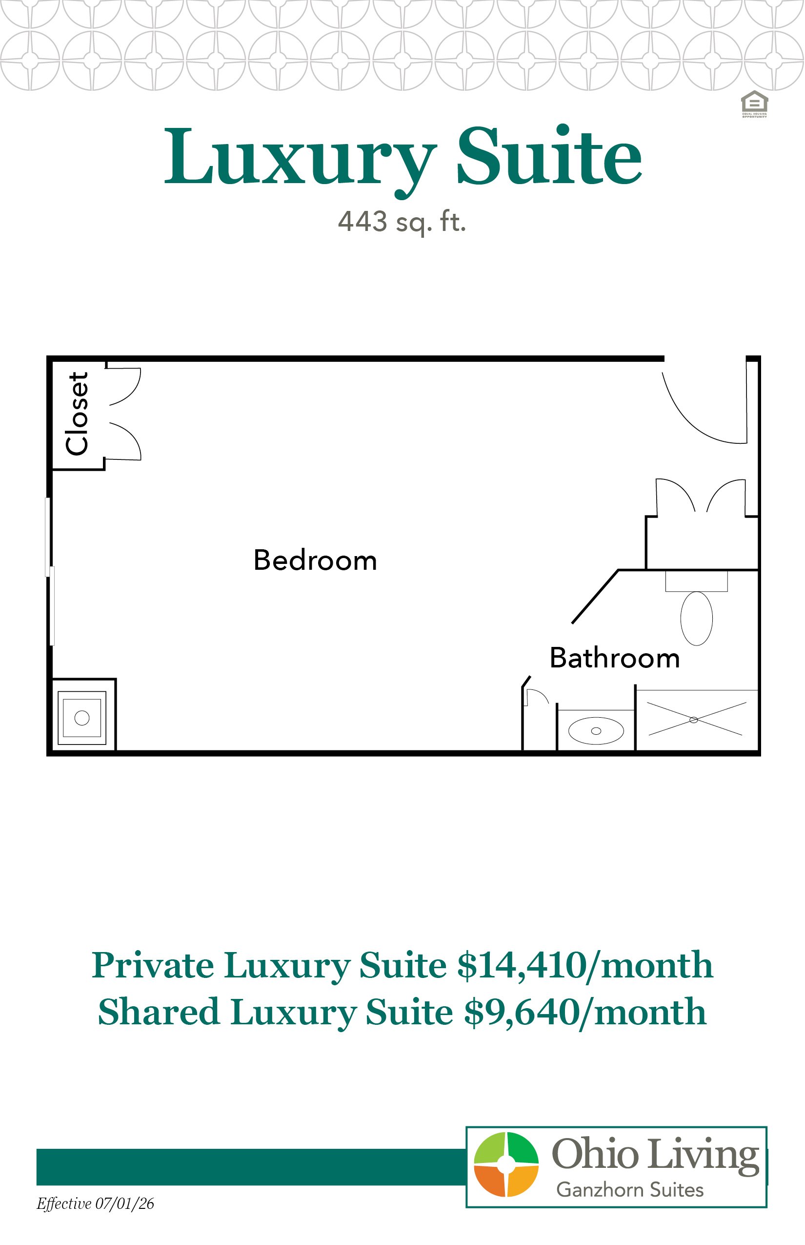 Floor plan of the Luxury Suite showing a spacious bedroom, large closet, and full bathroom with sink, toilet, and shower. Suite is 443 sq ft. Private rate is $14,410/month; shared rate is $9,640/month.
