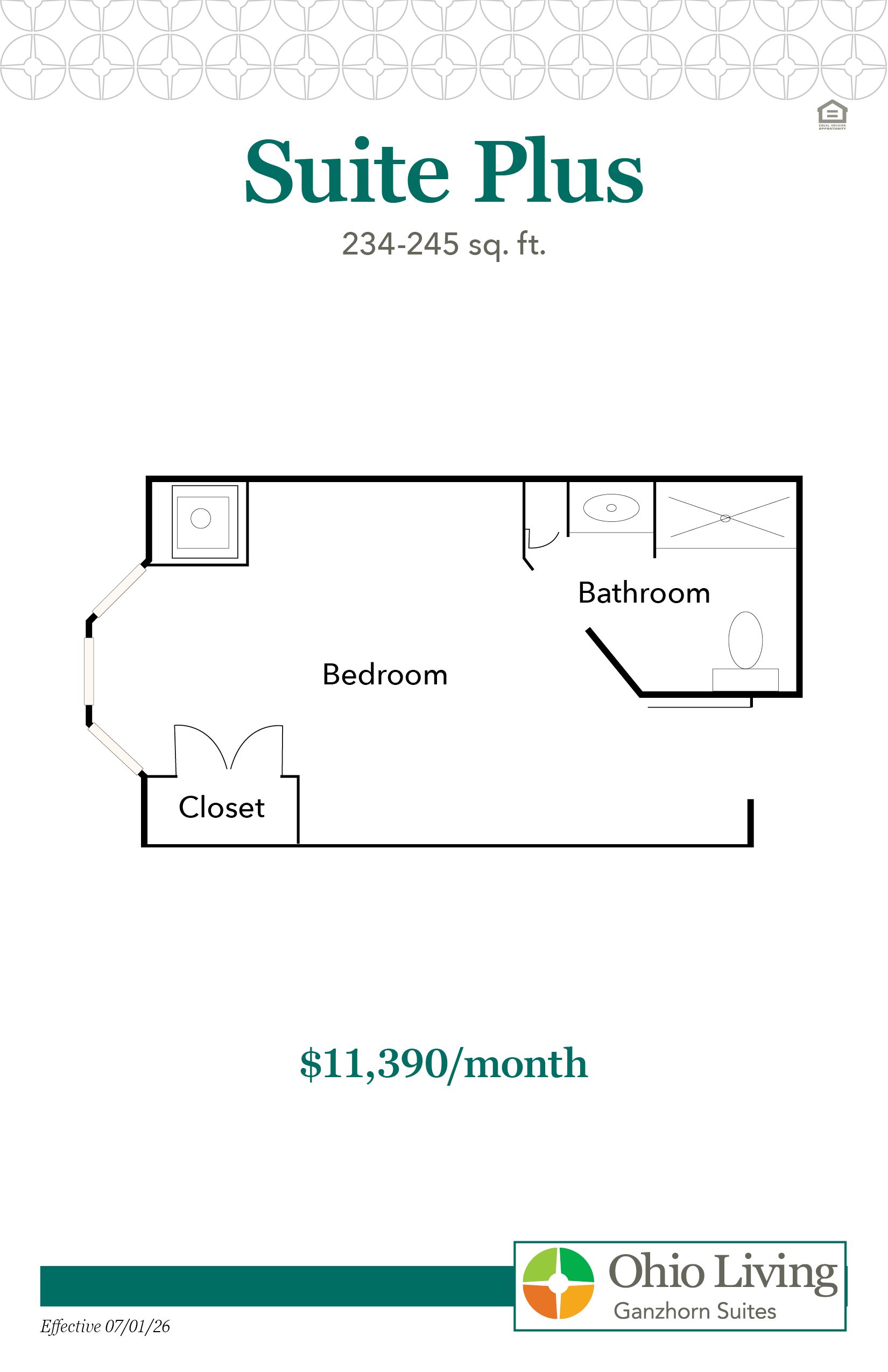 Floor plan of the Suite Plus with a bedroom area, closet near the entry, and full bathroom including sink, toilet, and shower. Suite measures 234–245 sq ft. Monthly rate is $11,390.