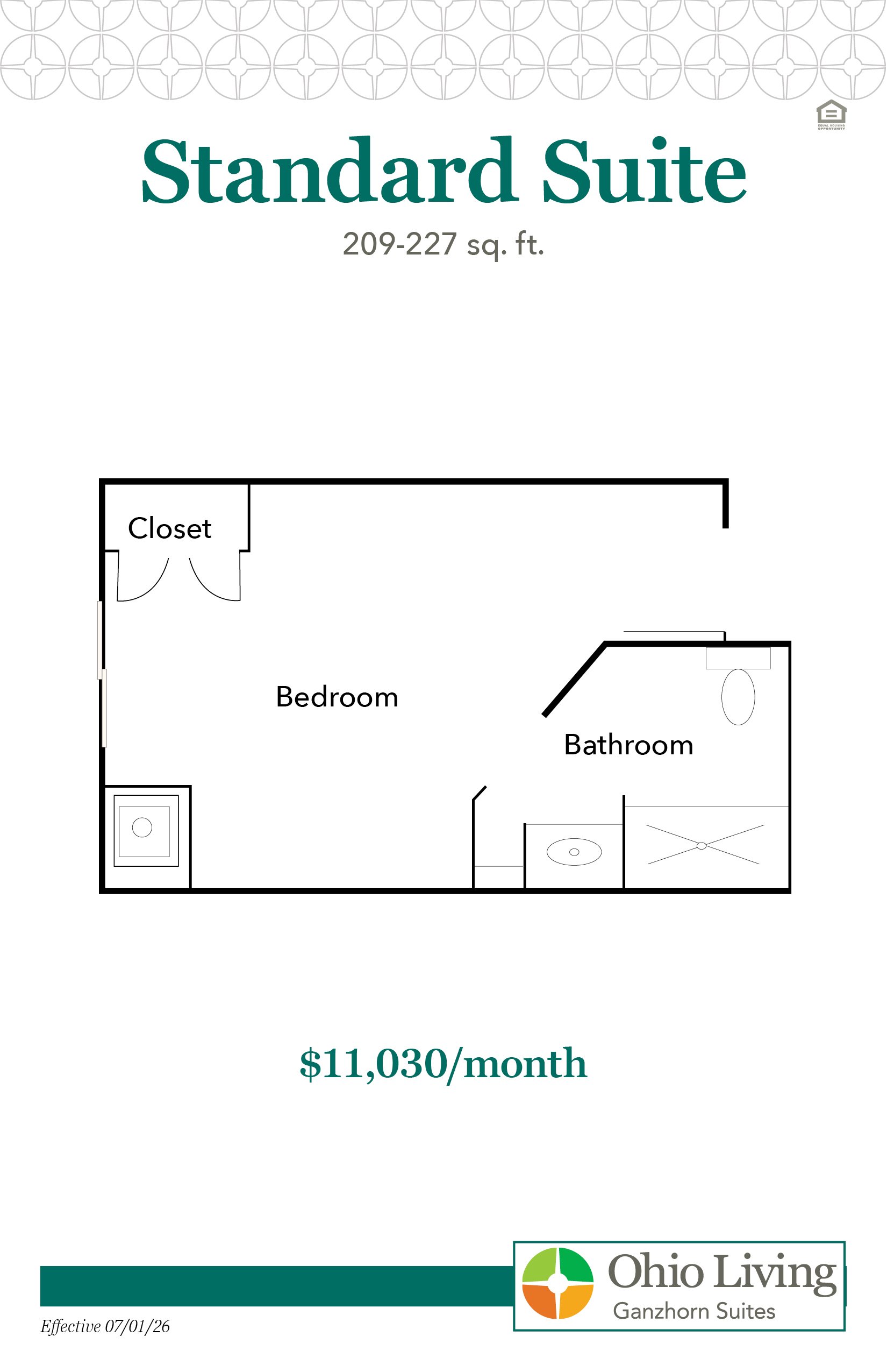 Floor plan of the Standard Suite showing a bedroom, closet, and full bathroom with sink, toilet, and shower. Suite measures 209–227 sq ft. Monthly rate is $11,030.