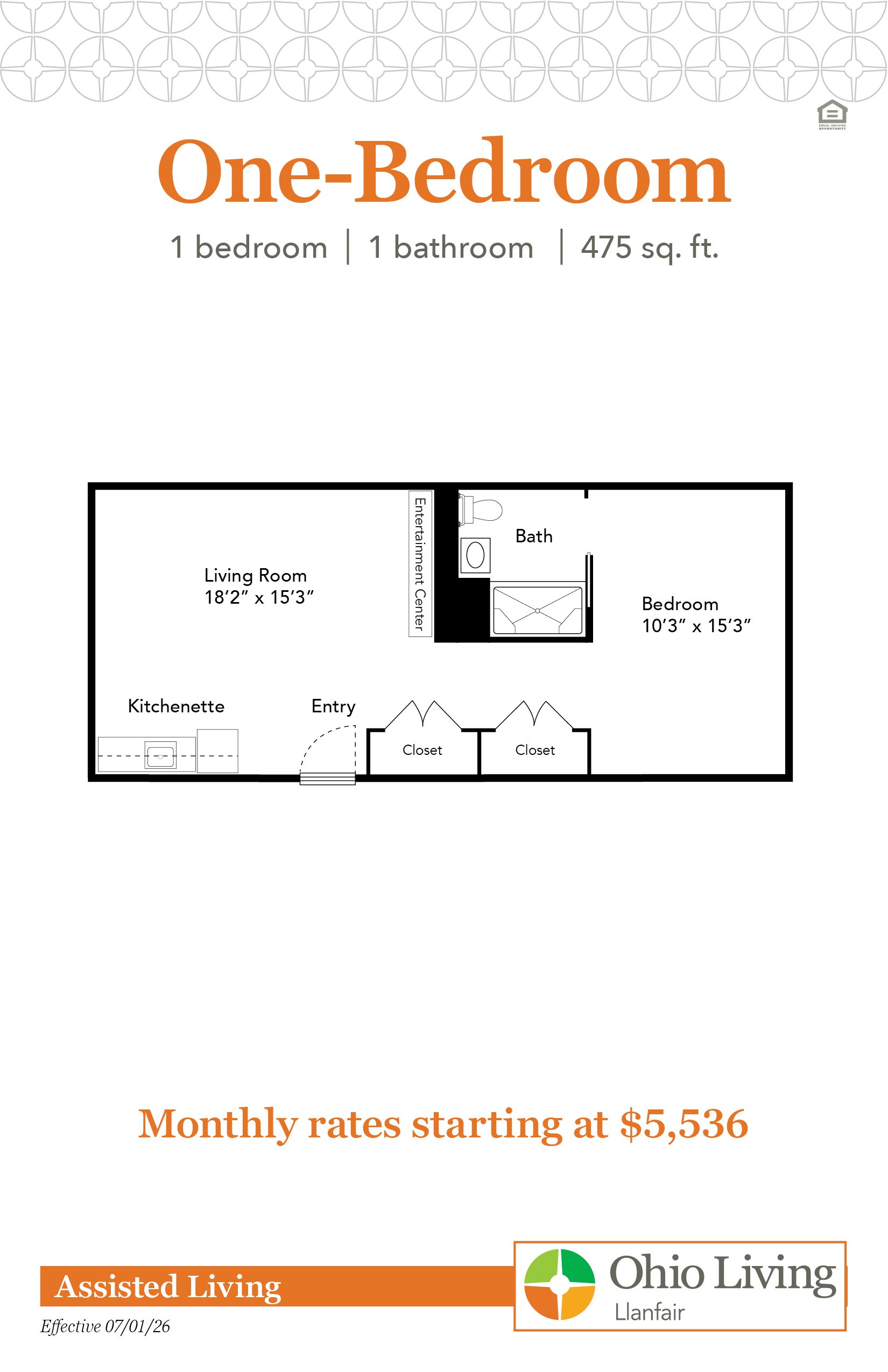 Floor plan of a 475 sq ft one‑bedroom assisted living apartment showing living room, bedroom, bath, kitchenette, closets, and entry. Includes labeled dimensions and note that monthly rates start at $5,536.
