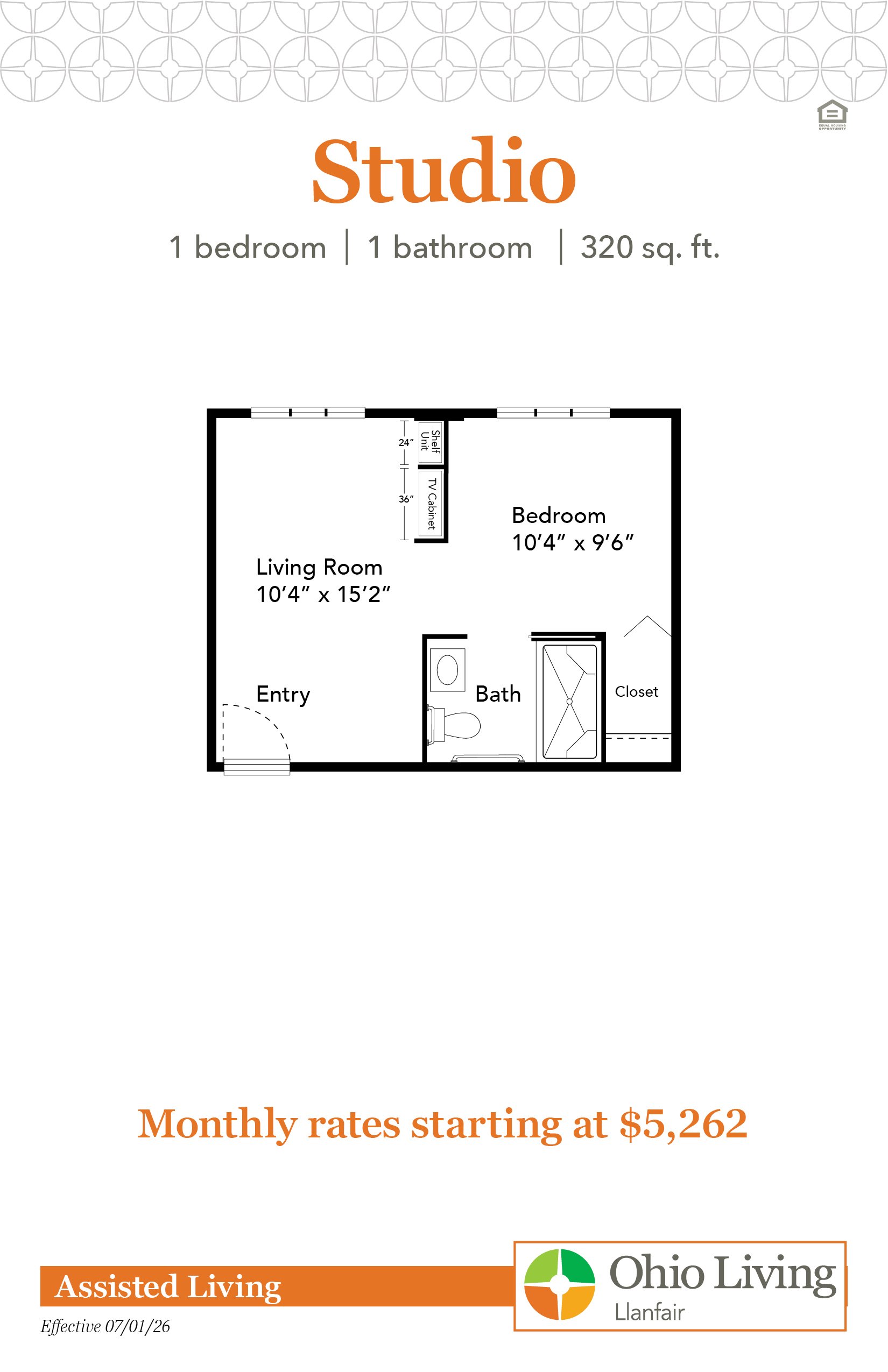 Floor plan of a 320 sq ft studio with bedroom, living room, bath, entry, closet, and built‑in shelving/TV cabinet. Monthly rates start at $5,262.