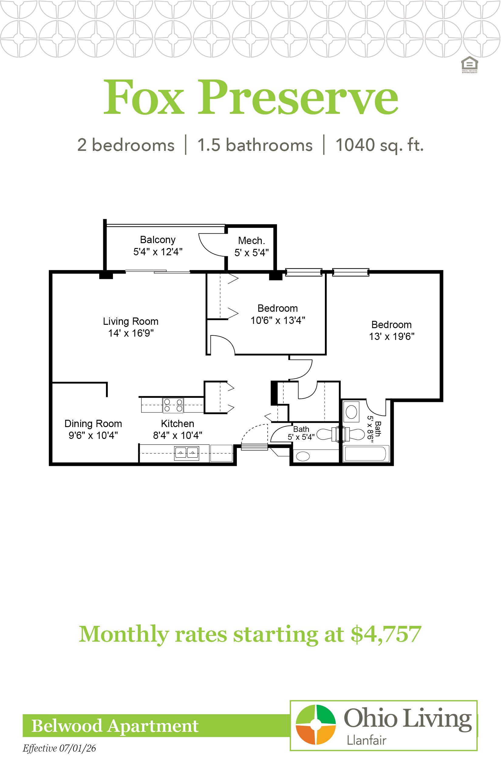 Floor plan of the Fox Preserve apartment with two bedrooms, 1.5 baths, living and dining rooms, kitchen, balcony, and mechanical room. Monthly rates start at $4,757.