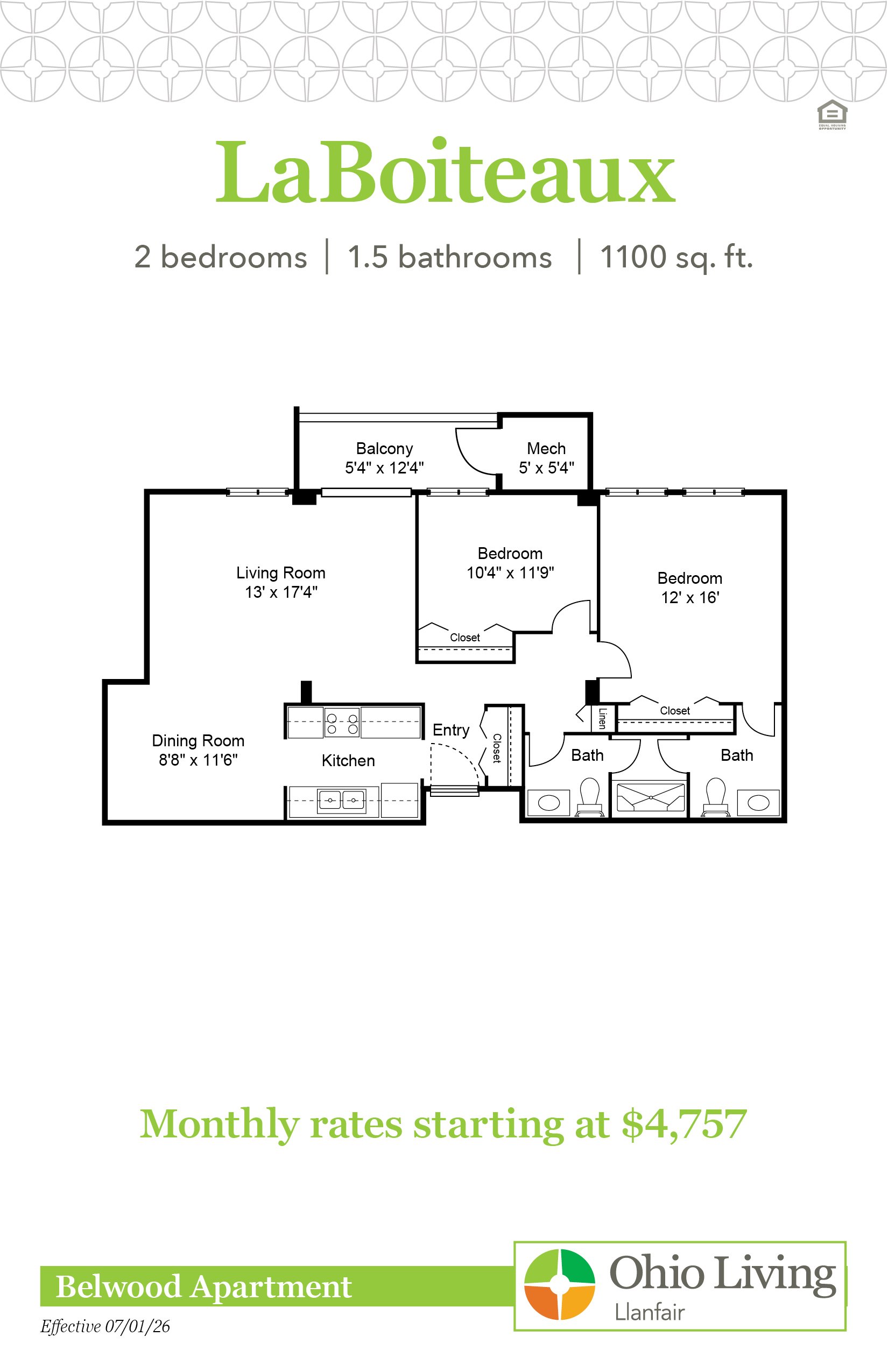 Floor plan of the LaBoiteaux apartment showing two bedrooms, 1.5 baths, living and dining rooms, kitchen, balcony, and mechanical room. Monthly rates start at $4,757.