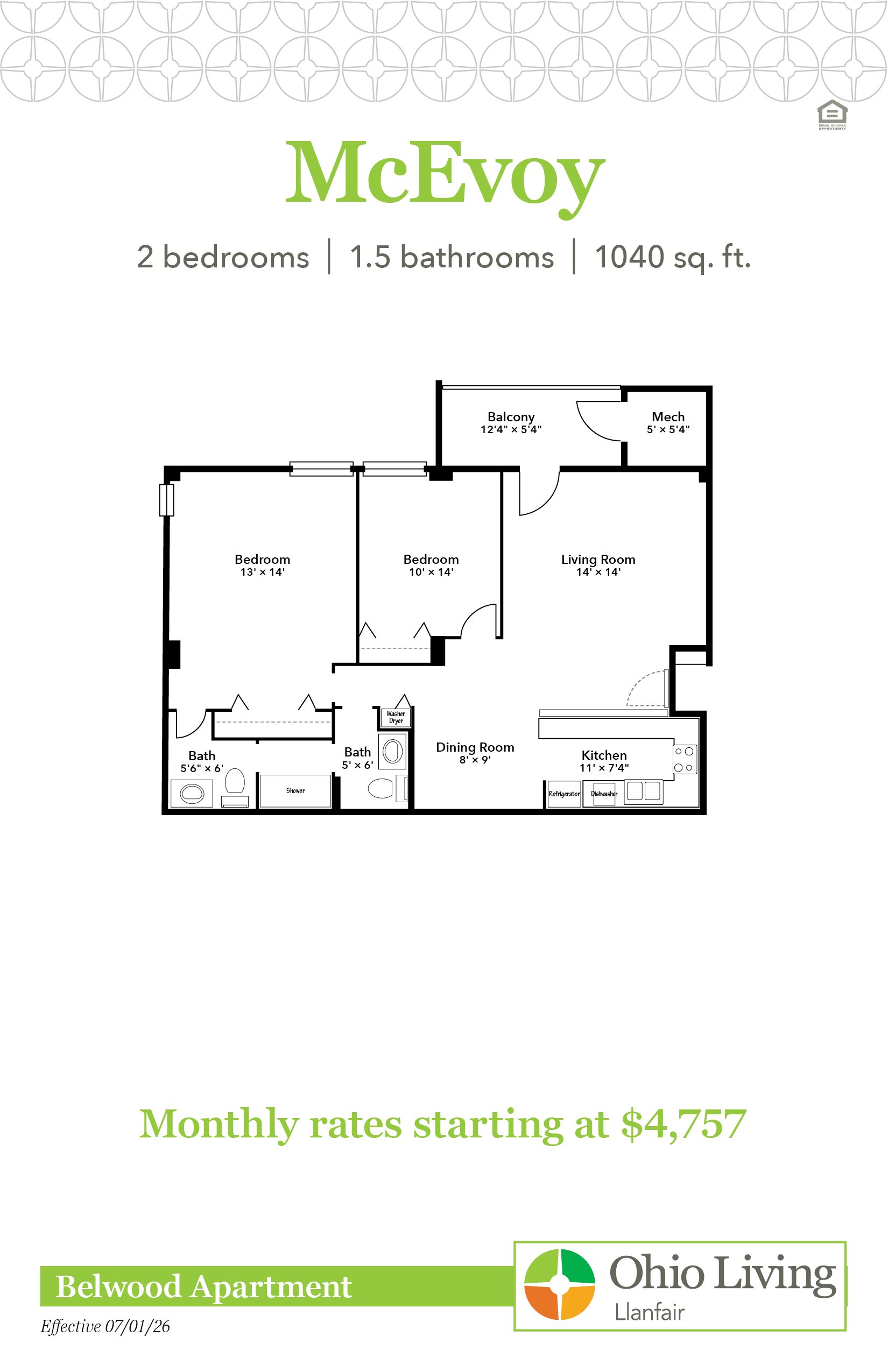 Floor plan of the McEvoy apartment featuring two bedrooms, 1.5 baths, living and dining rooms, kitchen, balcony, and mechanical room. Monthly rates start at $4,757.