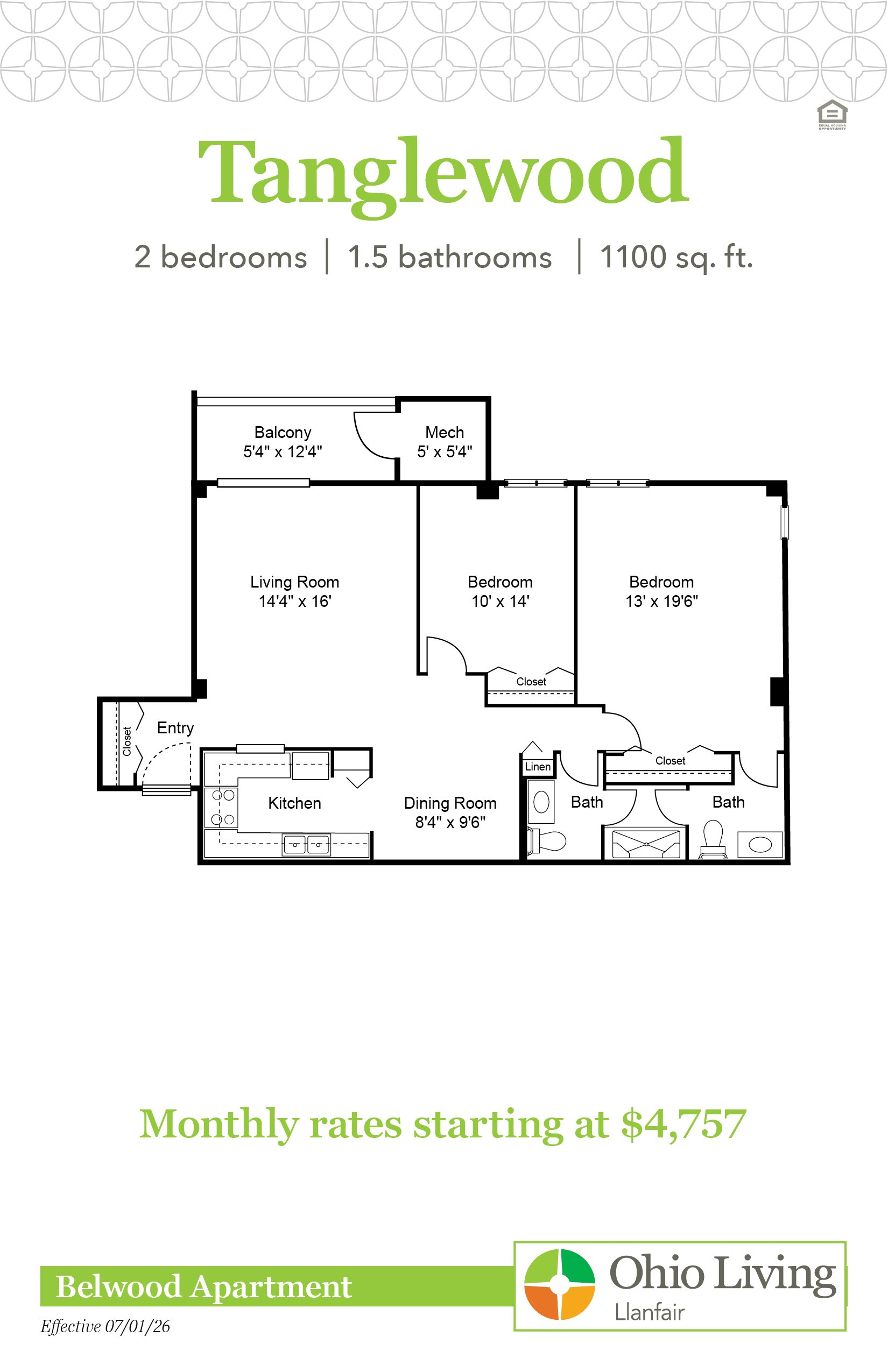 Floor plan of the Tanglewood apartment with two bedrooms, 1.5 baths, living and dining rooms, kitchen, balcony, closets, and mechanical room. Monthly rates start at $4,757.