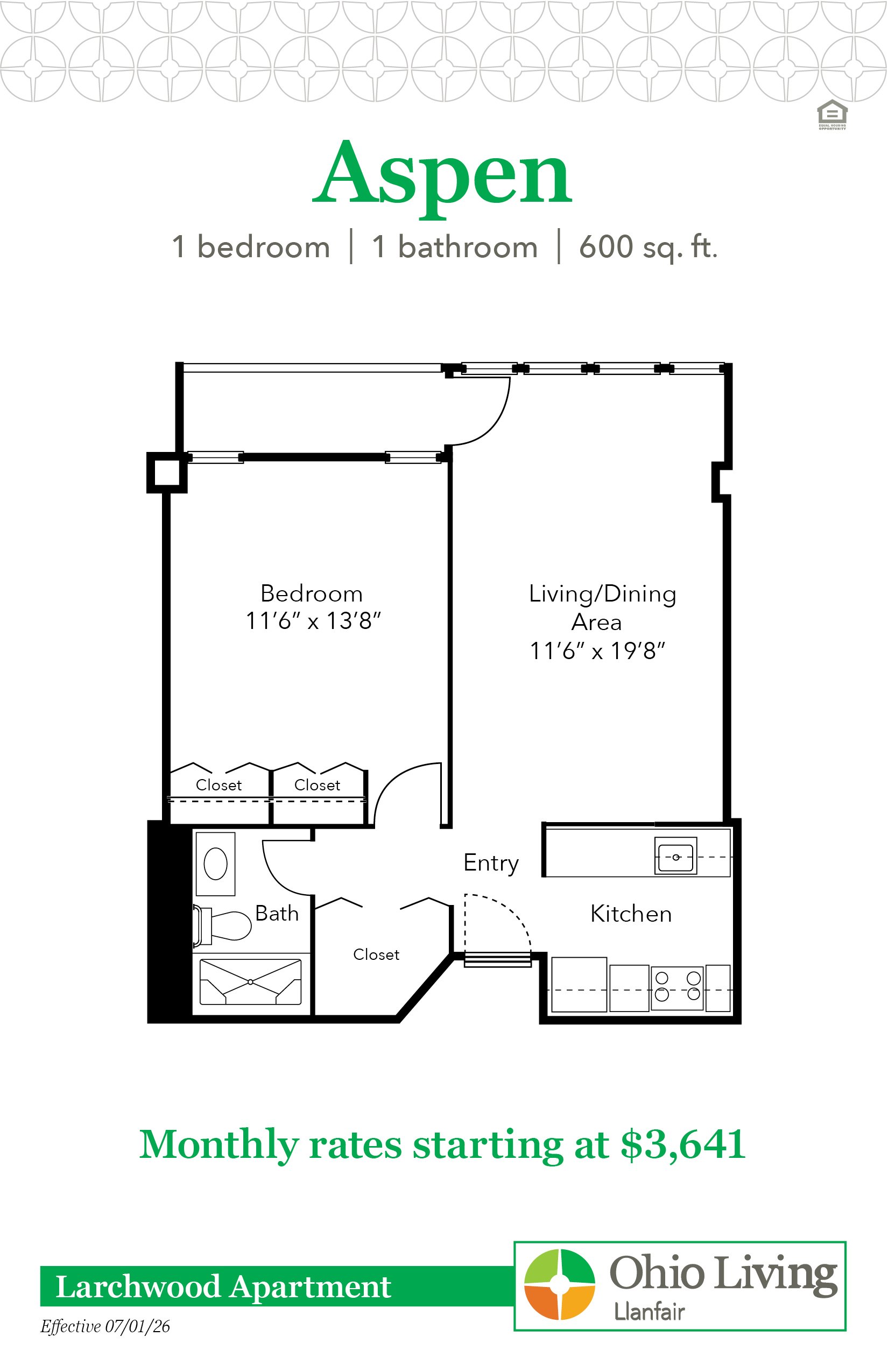 Floor plan of a 600 sq ft one‑bedroom, one‑bath apartment with living/dining area, kitchen, bath, entry, and closets. Monthly rates start at $3,641.