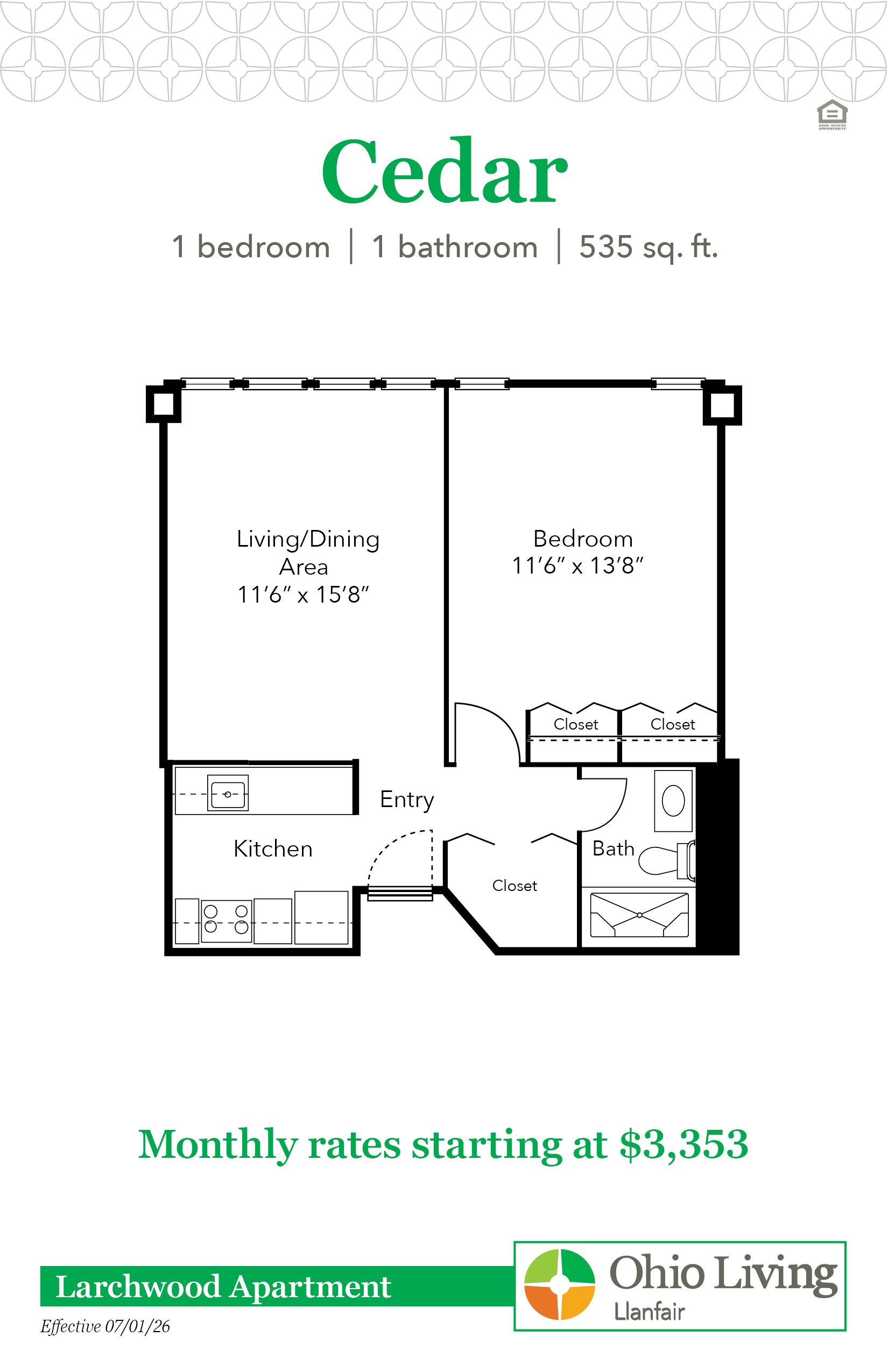 Floor plan of the Cedar apartment with one bedroom, one bathroom, kitchen, living/dining area, entry, and closets. Total 535 sq. ft. Monthly rates start at $3,353.