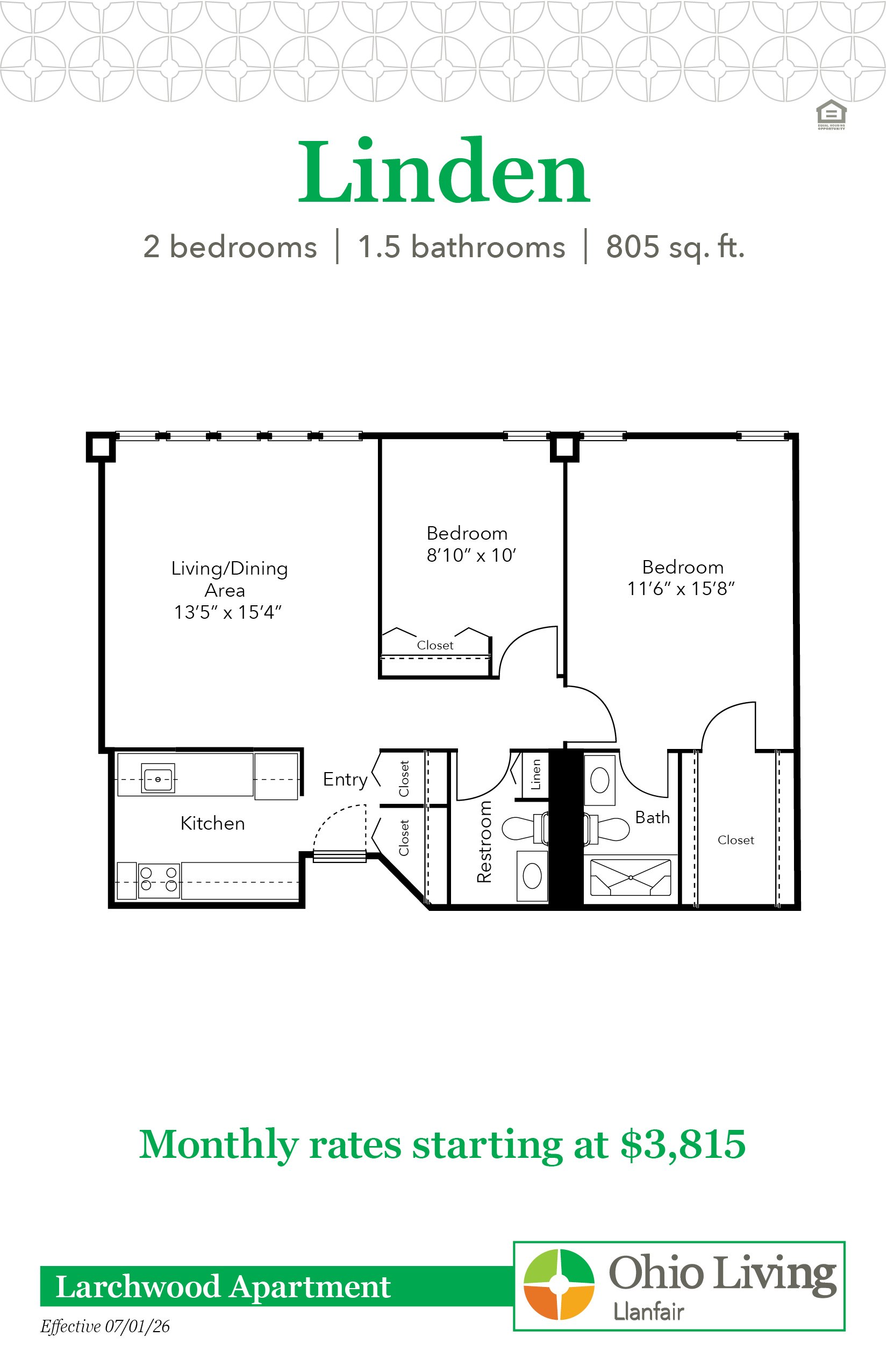 Floor plan of the Linden apartment featuring two bedrooms, 1.5 bathrooms, kitchen, living/dining area, entry, linen closet, and additional closets. Total 805 sq. ft. Monthly rates start at $3,815.