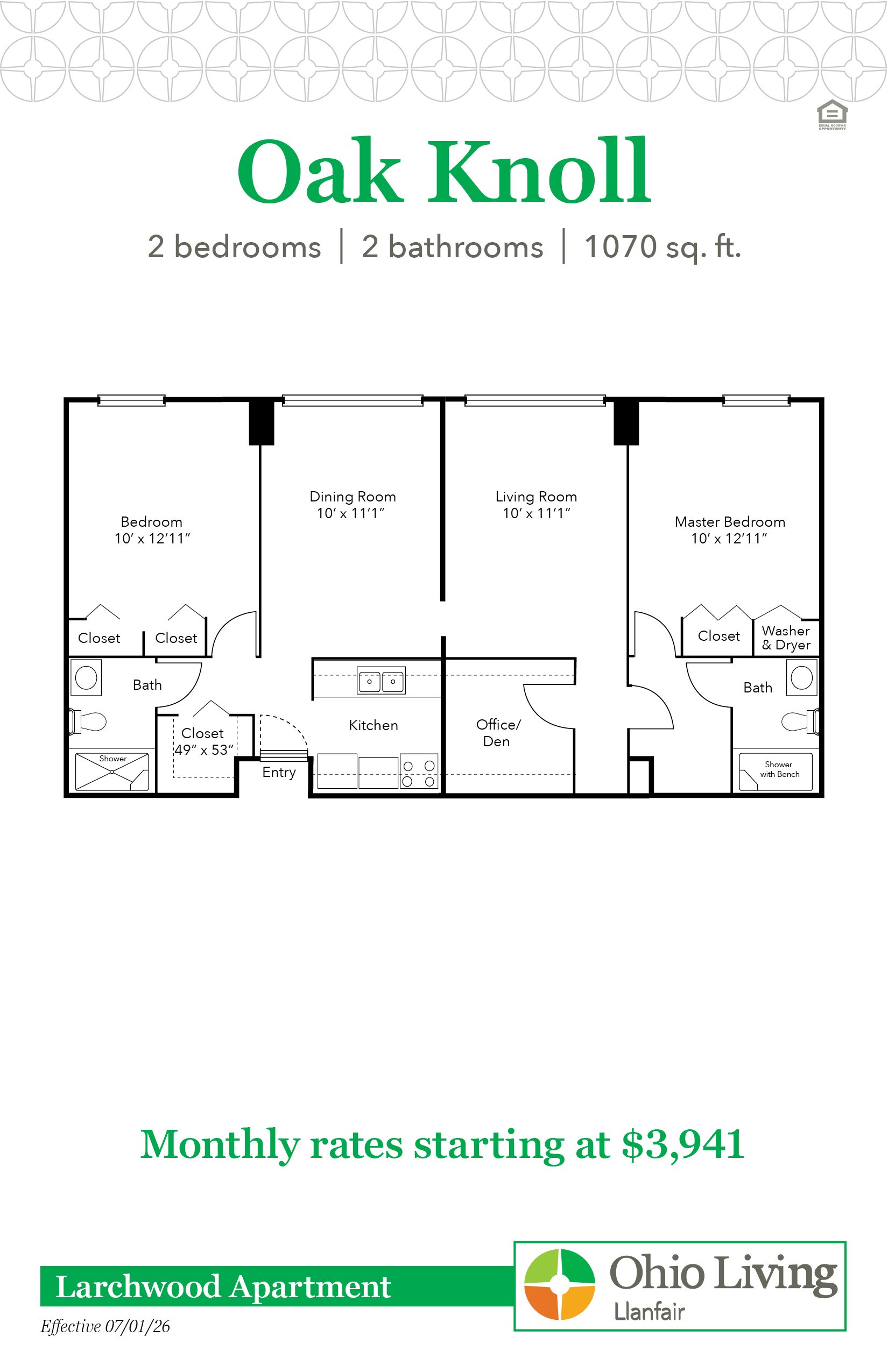 Floor plan of a 600 sq ft one‑bedroom, one‑bath apartment with living/dining area, kitchen, bath, entry, and closets. Monthly rates start at $3,641.
