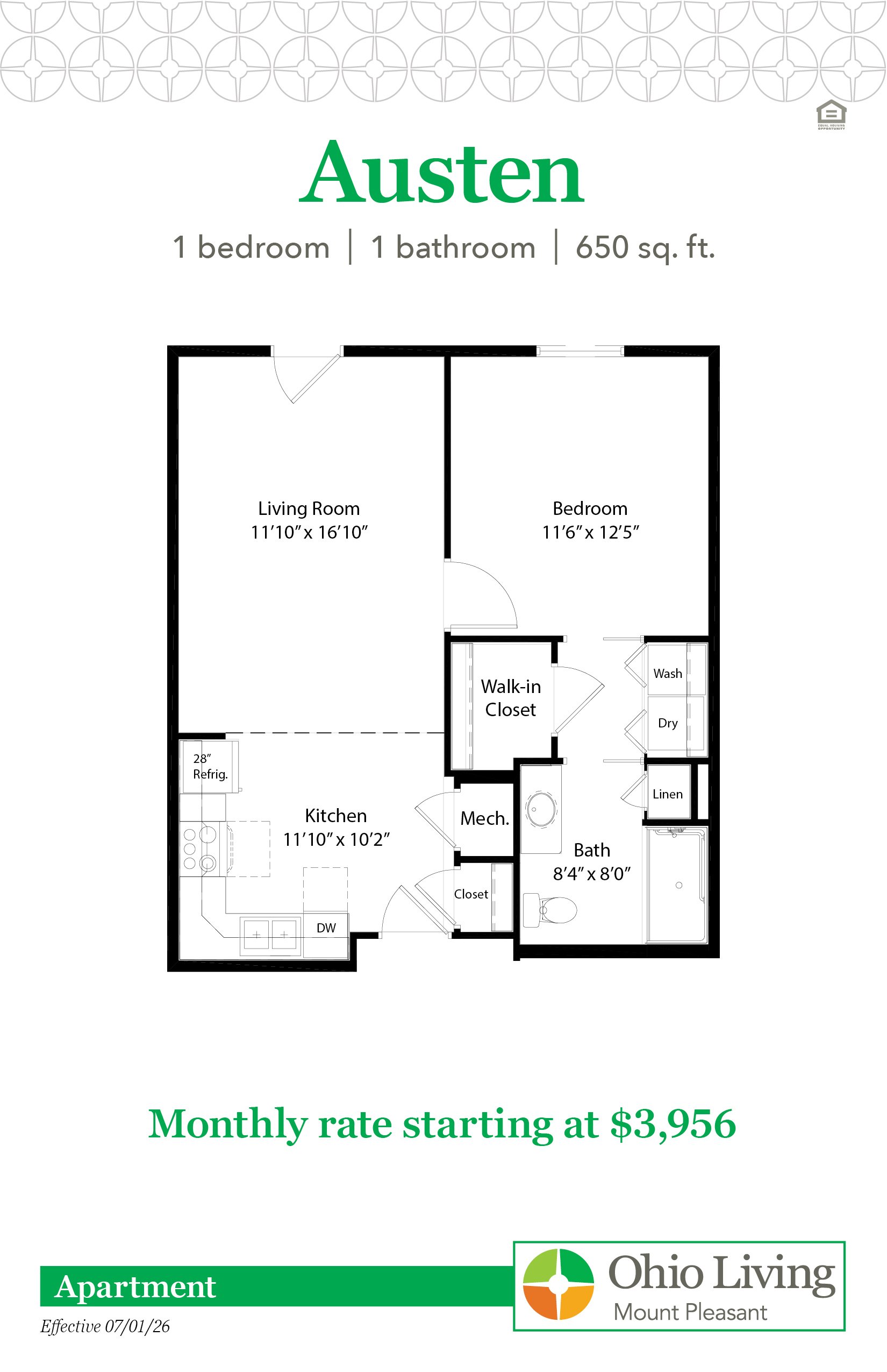 The Austen apartment floor plan features one bedroom, one bathroom, 650 sq ft with living room, bedroom, walk‑in closet, kitchen, and bath. Monthly rate starts at $3,956.