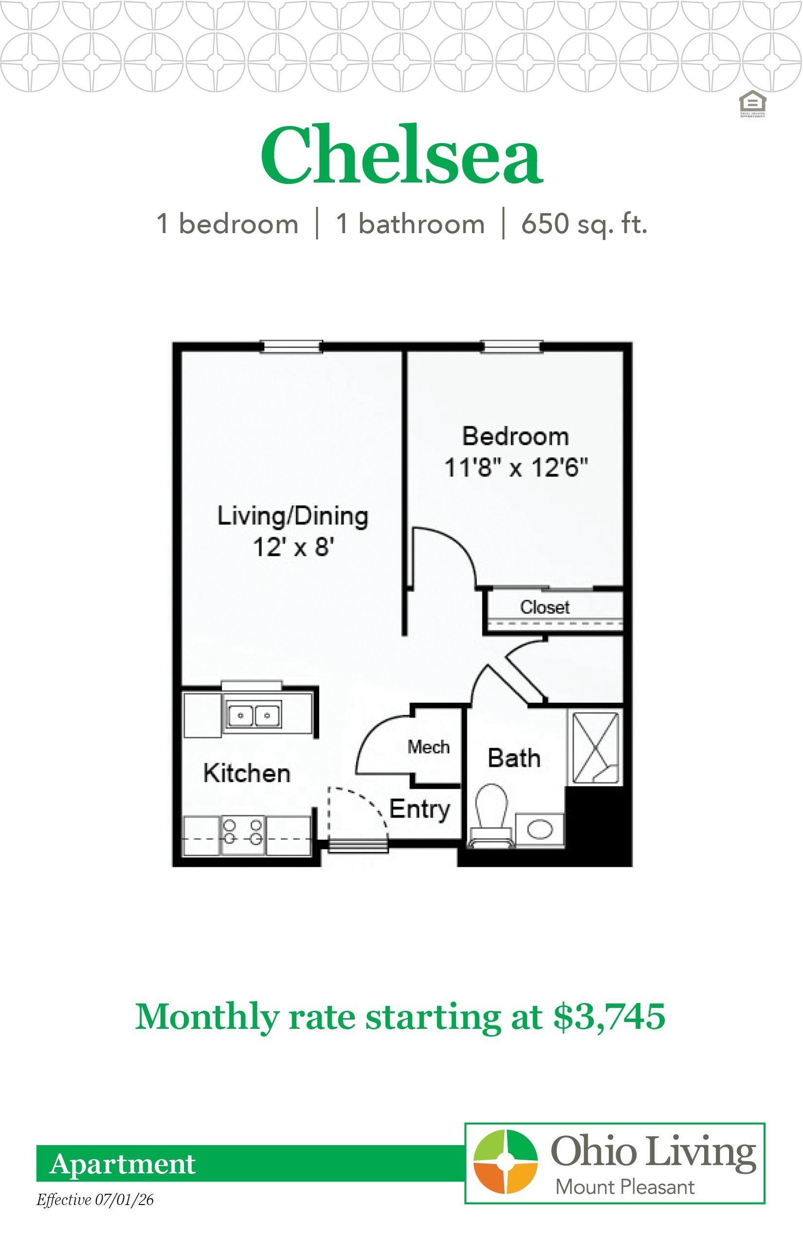Chelsea apartment floor plan features one bedroom, one bathroom, 650 sq ft with living and dining space, kitchen, and bath. Monthly rate starts at $3,745.