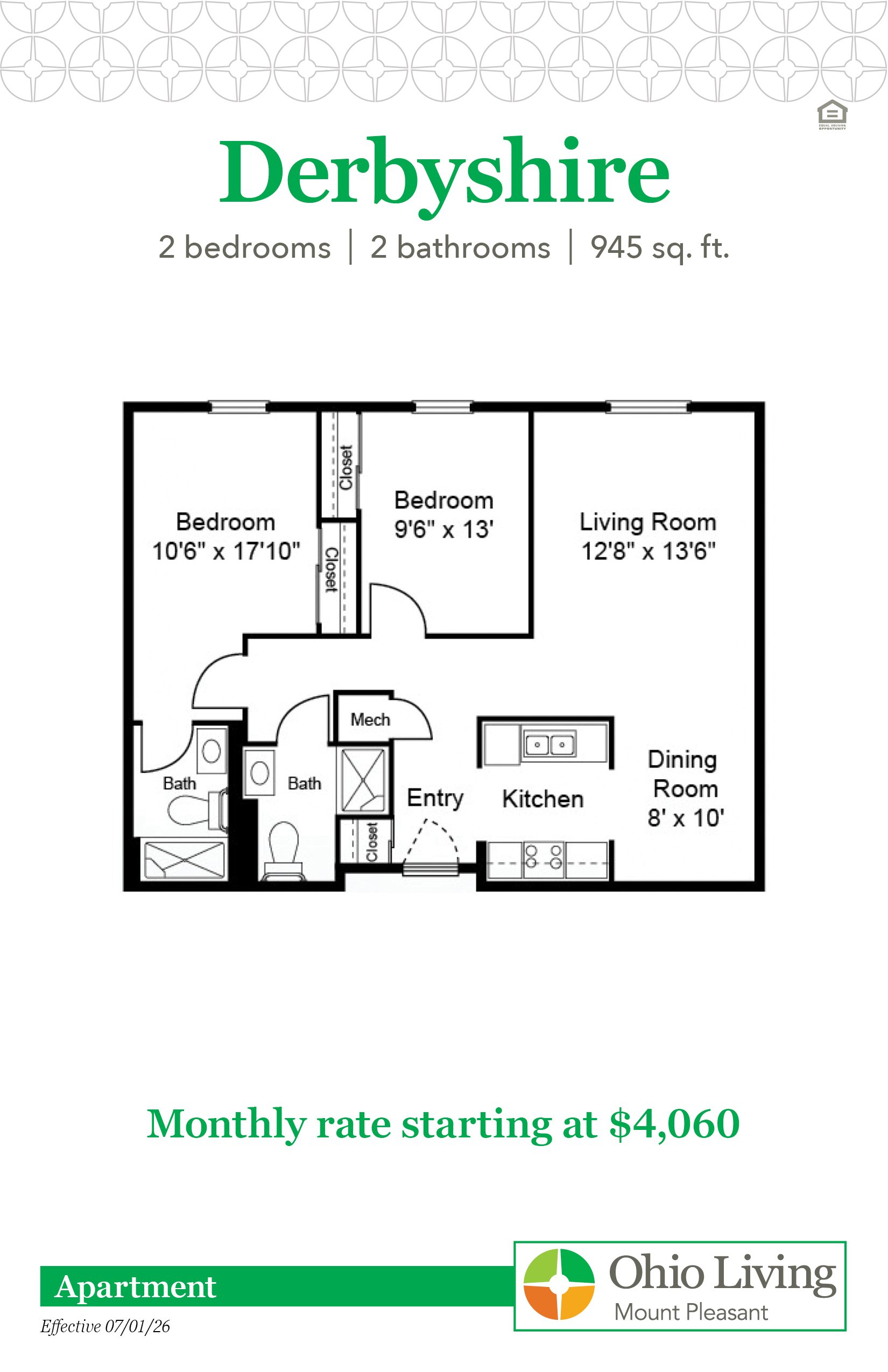 The Derbyshire apartment floor plan offers two bedrooms, two bathrooms, 945 sq ft with living and dining rooms and kitchen. Monthly rate starts at $4,060.