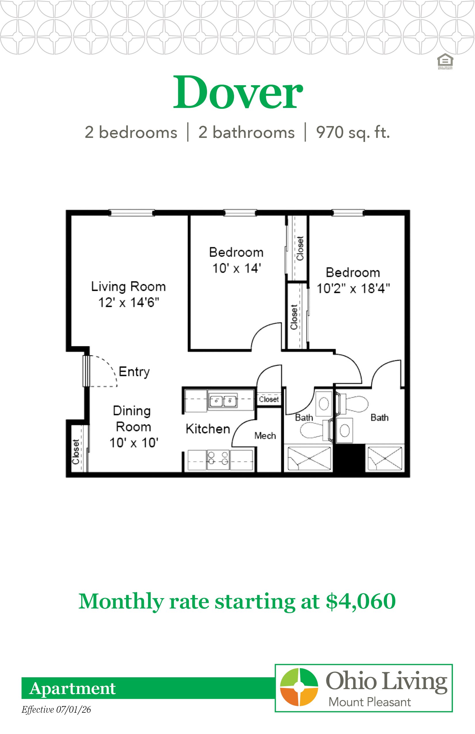 The Dover apartment floor plan includes two bedrooms, two bathrooms, 970 sq ft with living and dining rooms and kitchen. Monthly rate starts at $4,060.
