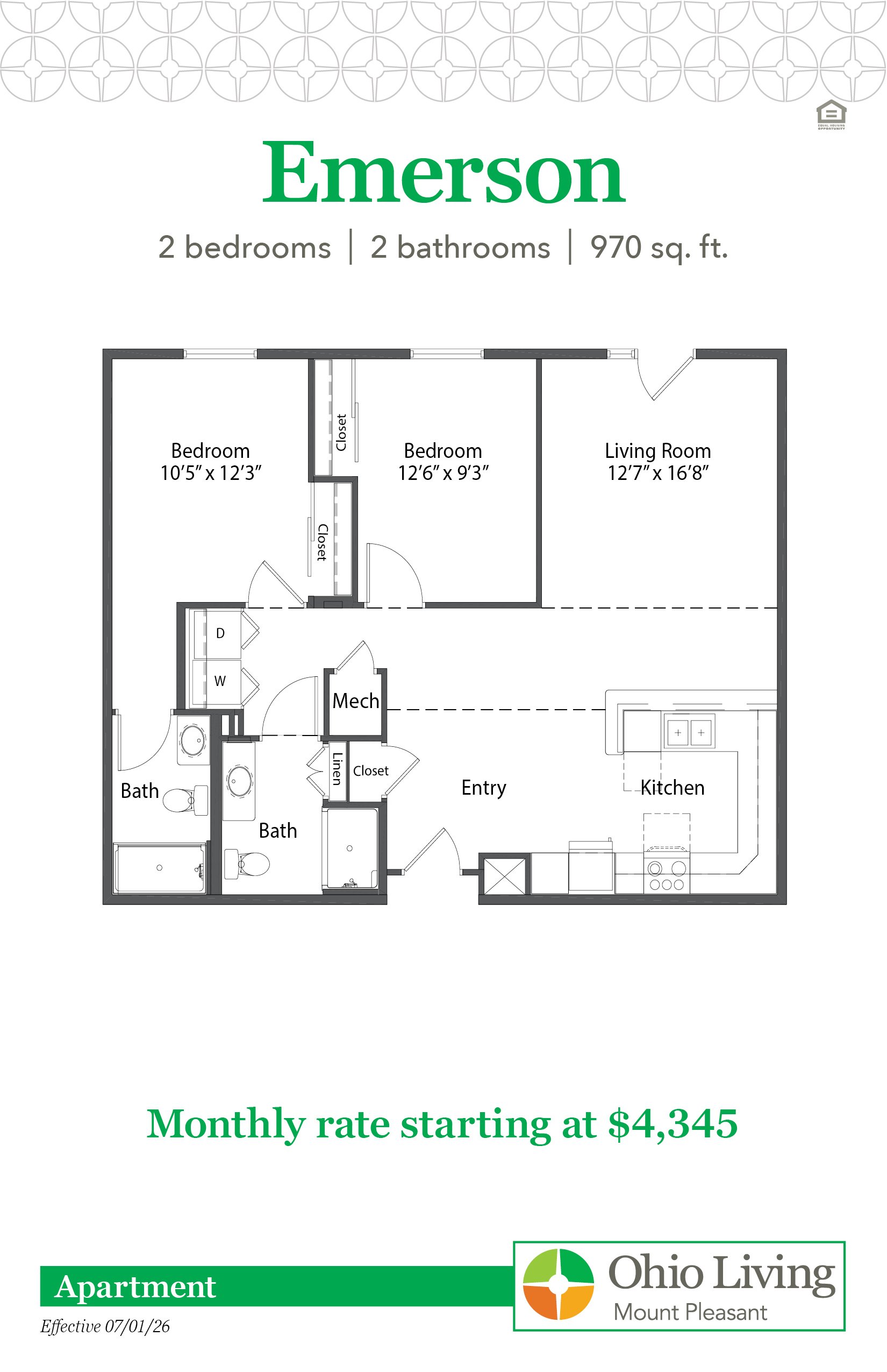The Emerson apartment floor plan features two bedrooms, two bathrooms, 970 sq ft with living room, kitchen, and baths. Monthly rate starts at $4,345.