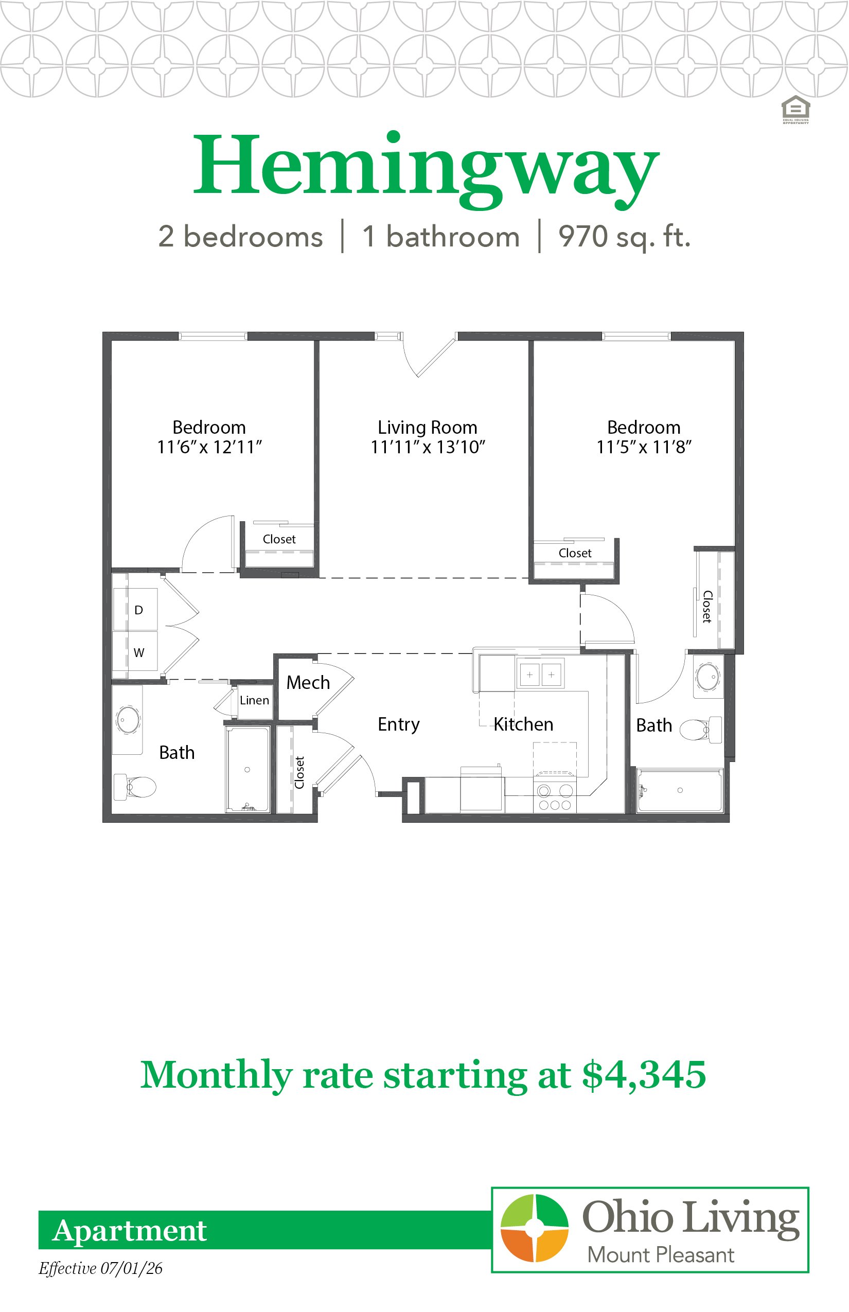 The Hemingway apartment floor plan includes two bedrooms, one bathroom, 970 sq ft with living room, kitchen, and bath. Monthly rate starts at $4,345.