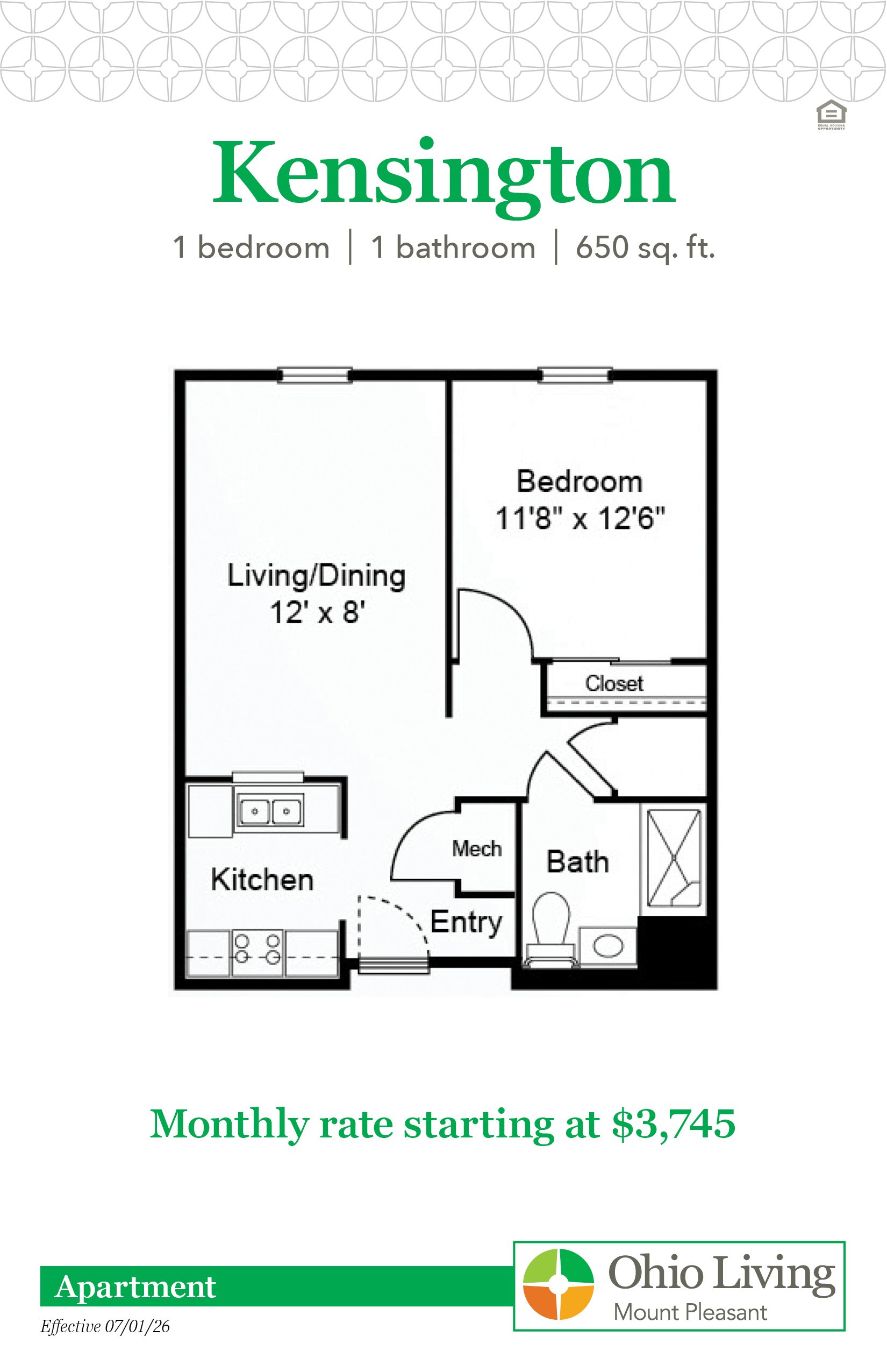 The Kensington apartment floor plan features one bedroom, one bathroom, 650 sq ft with living and dining space and kitchen. Monthly rate starts at $3,745.