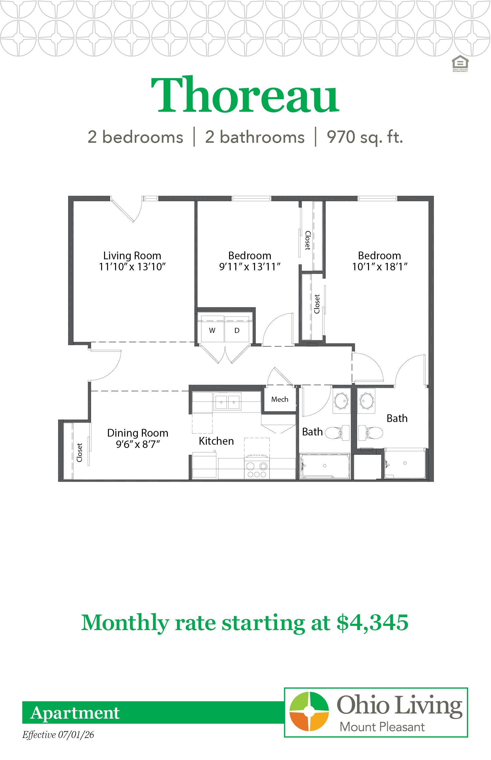The Thoreau apartment floor plan offers two bedrooms, two bathrooms, 970 sq ft with living and dining rooms and kitchen. Monthly rate starts at $4,345.