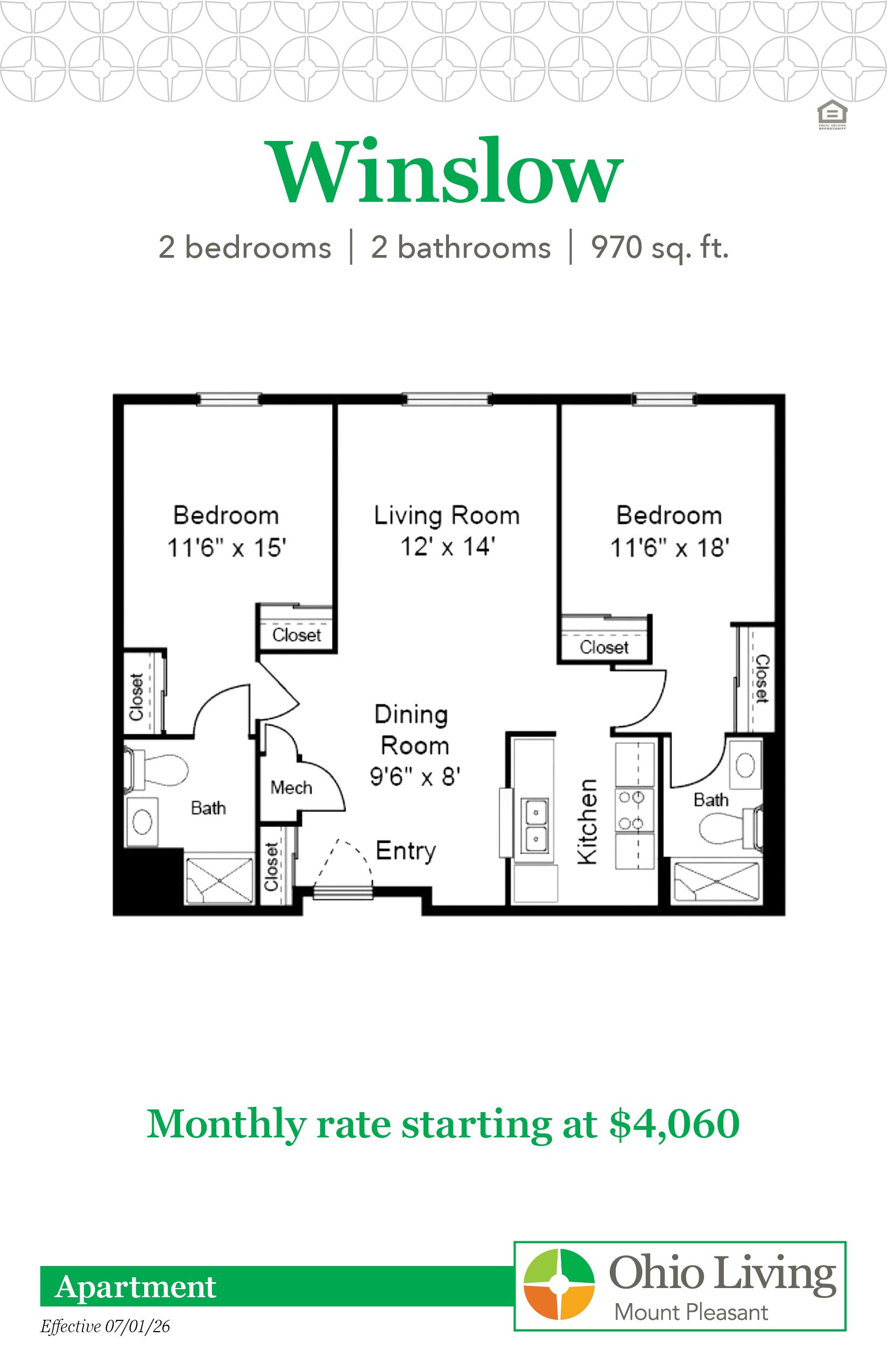 The Winslow apartment floor plan offers two bedrooms, two bathrooms, 970 sq ft with living and dining rooms and kitchen. Monthly rate starts at $4,060.