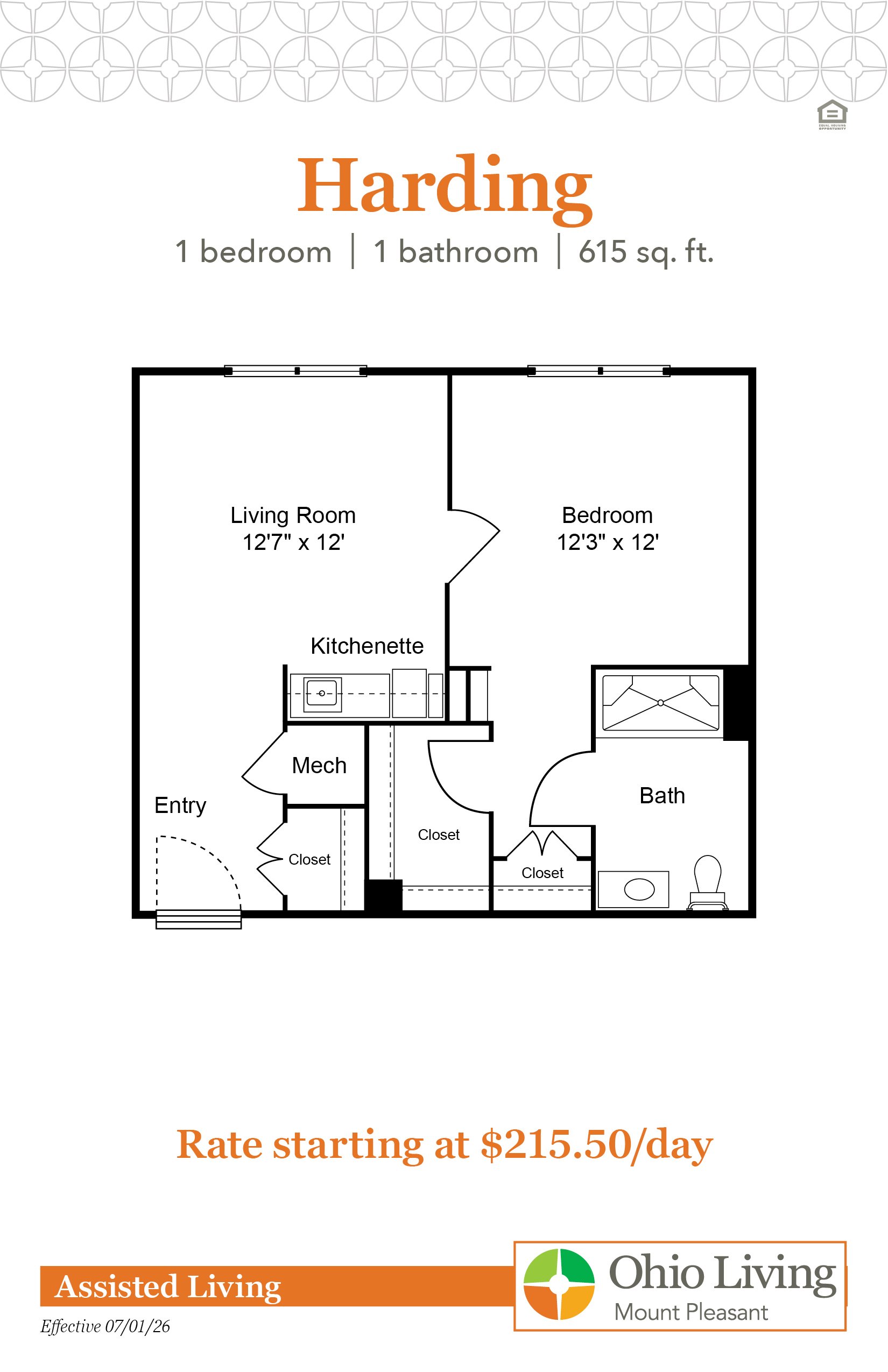 The Harding assisted living floor plan includes one bedroom, one bathroom, 615 sq ft with living room, kitchenette, and bath. Rate starts at $215.50 per day.