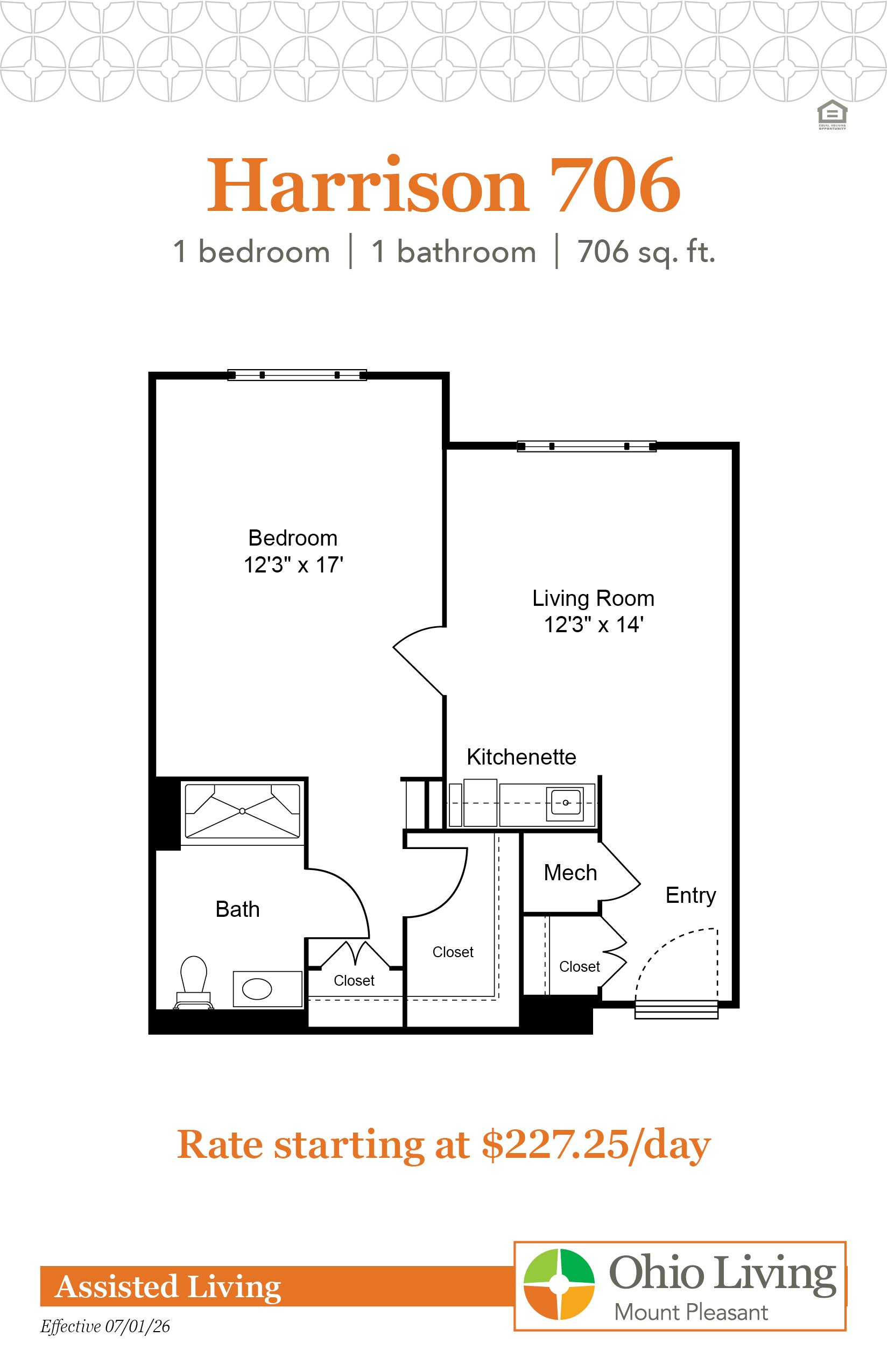 The Harrison 706 assisted living floor plan includes one bedroom, one bathroom, 706 sq ft with living room, kitchenette, and bath. Rate starts at $227.25 per day.