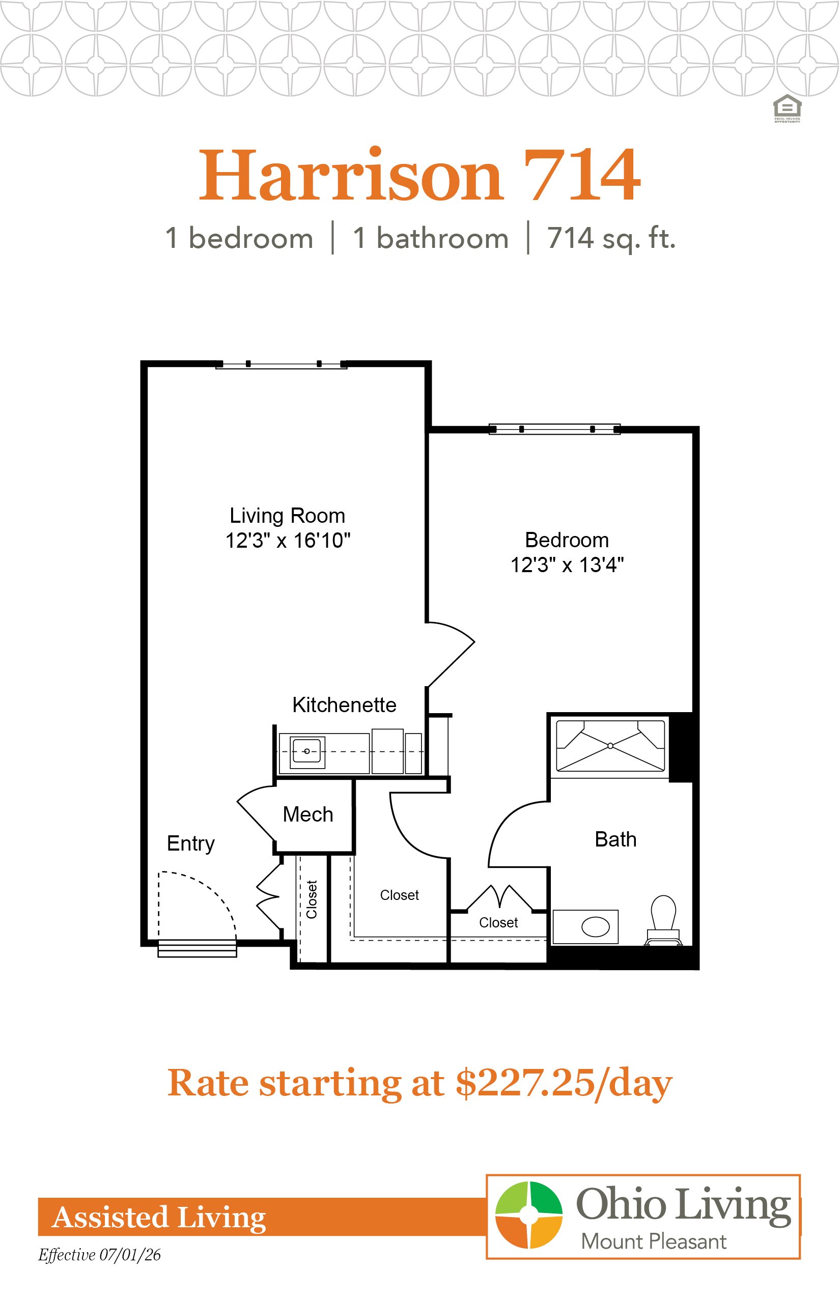 The Harrison 714 assisted living floor plan features one bedroom, one bathroom, 714 sq ft with living room, kitchenette, and bath. Rate starts at $227.25 per day.
