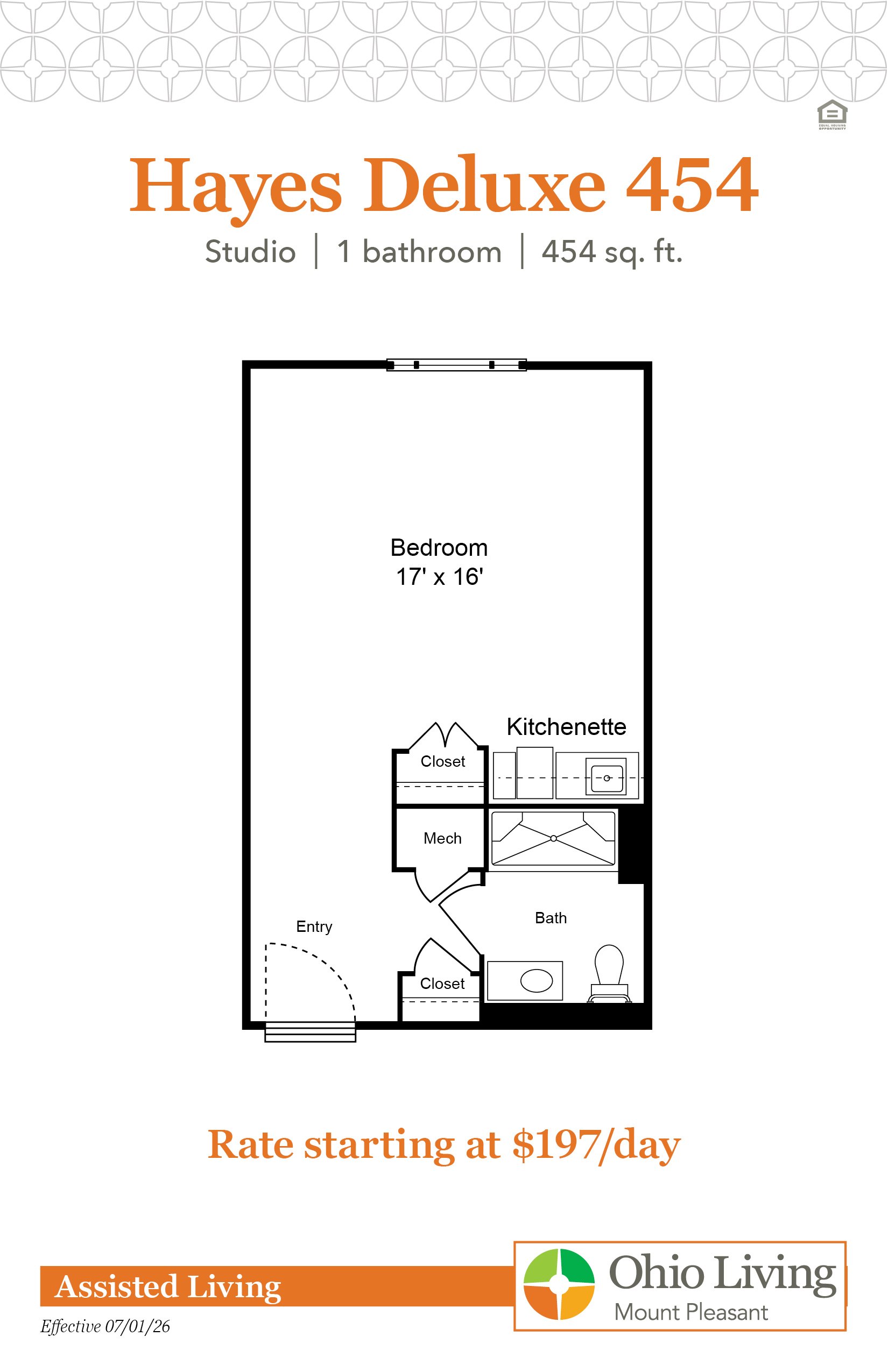 The Hayes Deluxe 454 assisted living floor plan is a studio with one bathroom, 454 sq ft including bedroom area, kitchenette, and bath. Rate starts at $197 per day.